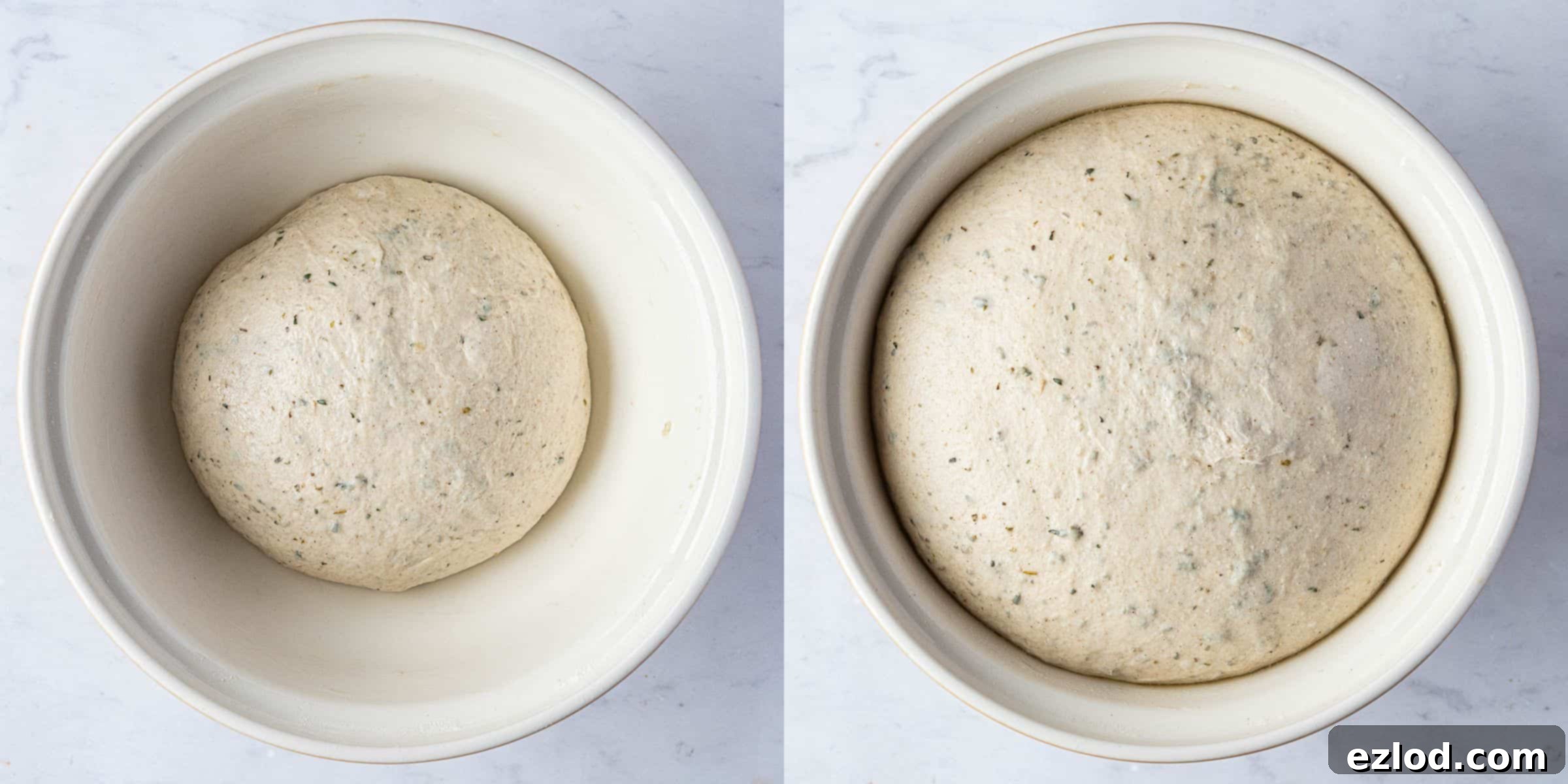 Aromatic Plant Sticks 6 A two-image collage showing the dough before rising and after it has doubled in size, indicating successful proofing.