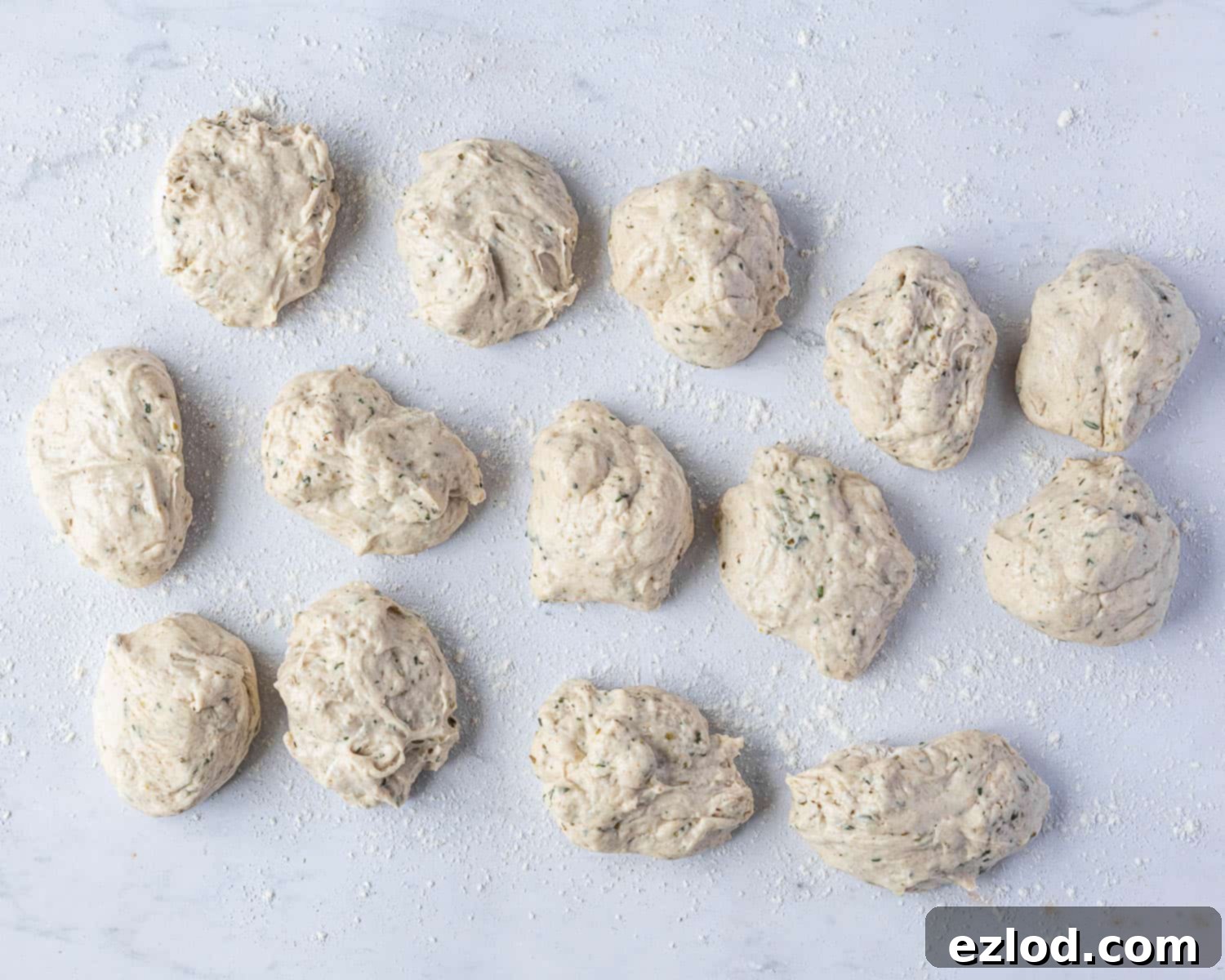 Aromatic Plant Sticks 7 The dough, perfectly divided into 14 equal pieces, ready for shaping into breadsticks.