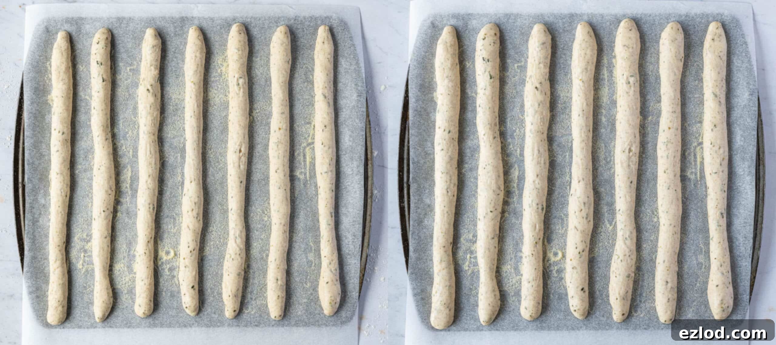 Aromatic Plant Sticks 8 A two-image collage showing the shaped breadsticks before and after their second rise, looking puffy and expanded.