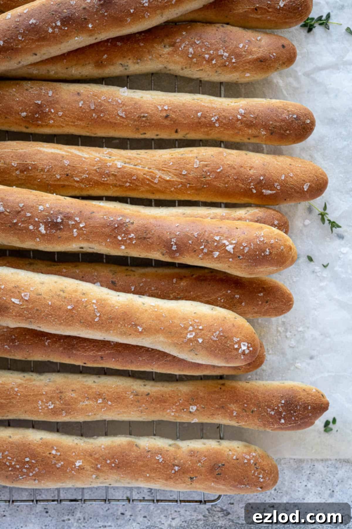 Aromatic Plant Sticks 9 A close-up shot of baked herby vegan breadsticks, showcasing their golden-brown crust and herb flecks.