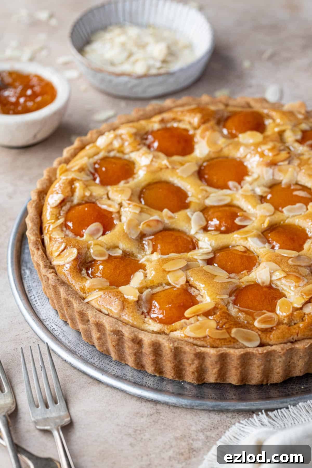 Plant-Based Apricot Frangipane Tart 11 A very close-up detail shot of the top of a vegan apricot frangipane tart, highlighting the glazed apricots and flaked almonds.
