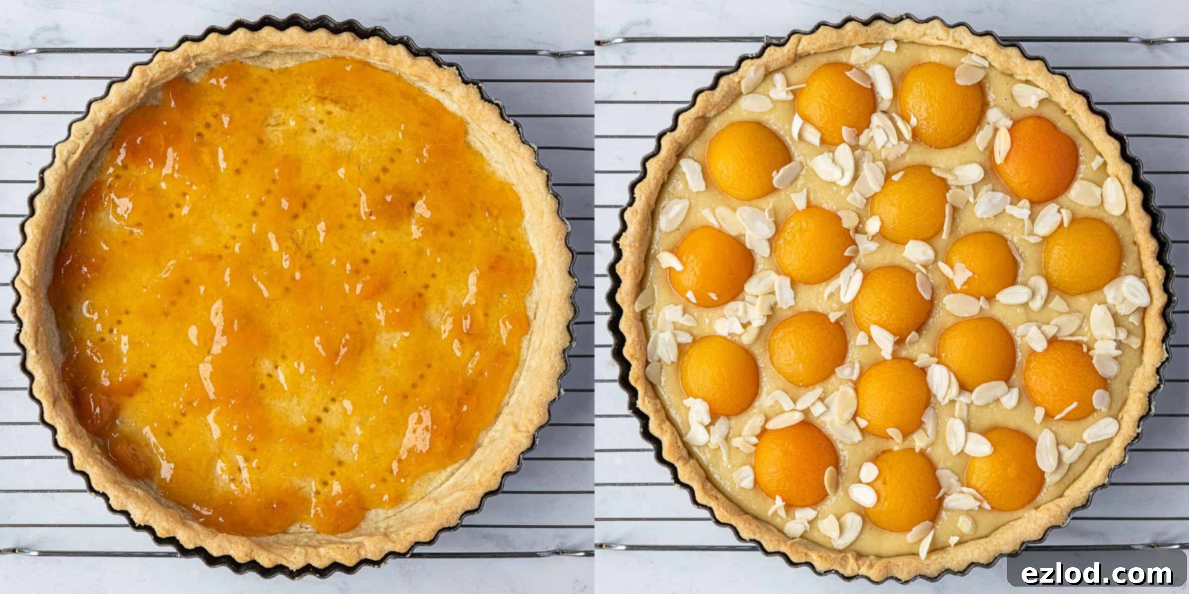 Plant-Based Apricot Frangipane Tart 8 A two-image collage showing the assembly of the tart: spreading jam and frangipane, then arranging apricot halves and flaked almonds on top.