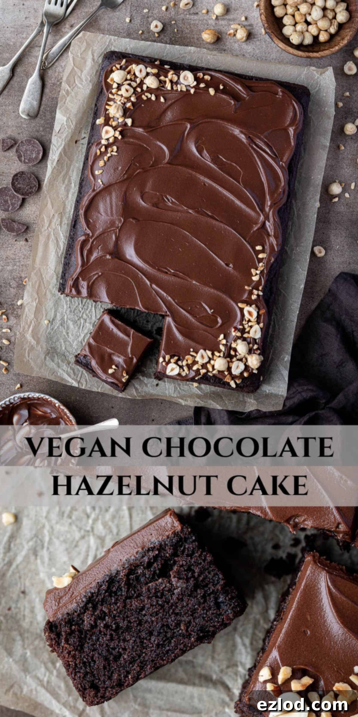 Decadent Vegan Chocolate Hazelnut Cake 15 A vibrant Pinterest collage image showcasing the delicious vegan chocolate hazelnut cake, complete with tantalizing close-ups of the rich cake and luscious ganache, inviting users to save the recipe.