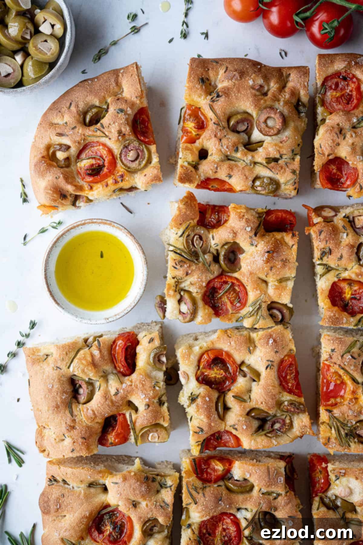Baking Bliss and BBC Maestro Insights 13 Close up of sliced focaccia, revealing its delicate crumb and rich, colorful toppings.