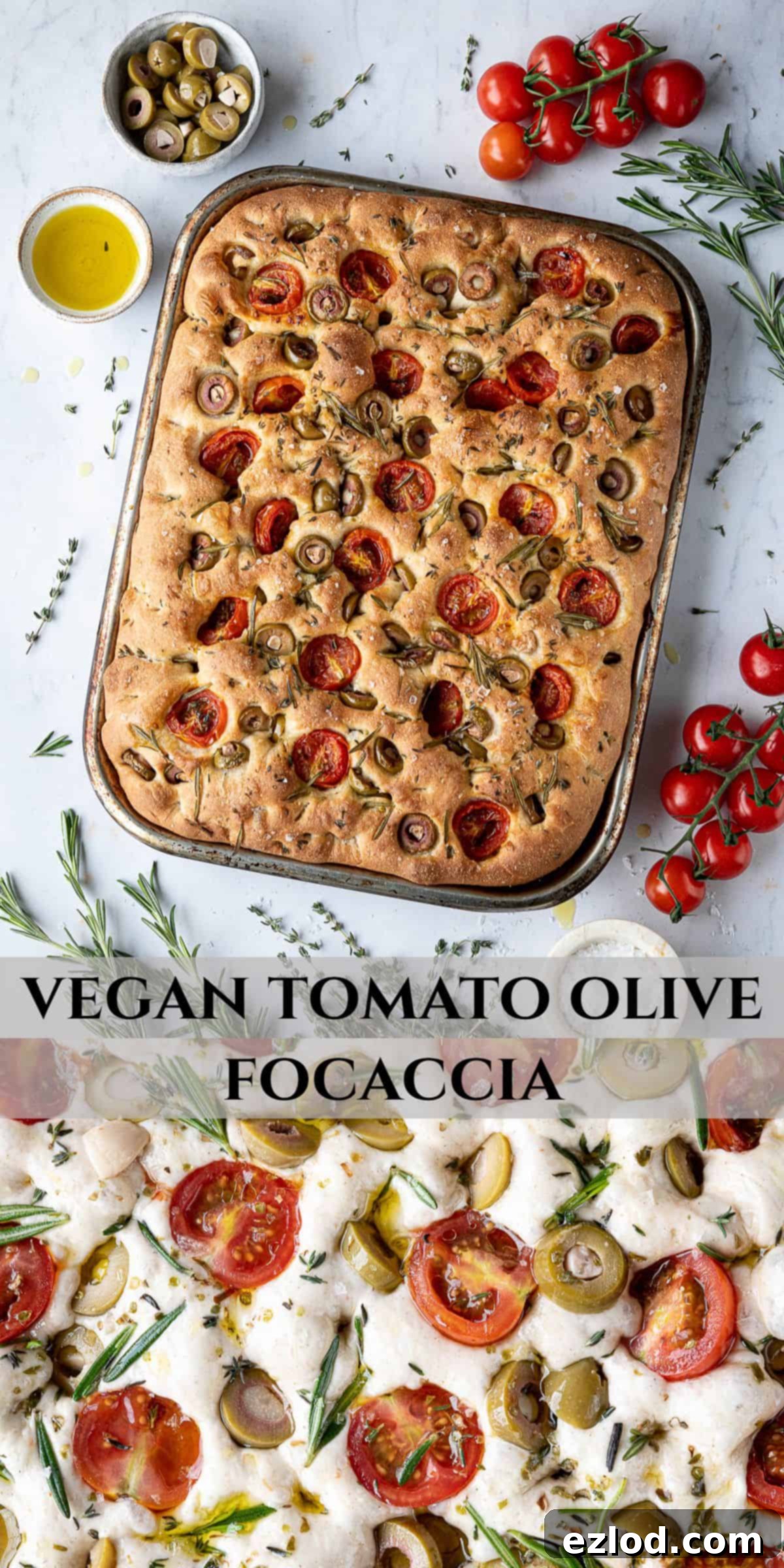 Baking Bliss and BBC Maestro Insights 16 Pinterest collage image for Tomato and Olive Focaccia, showing various stages and serving suggestions.