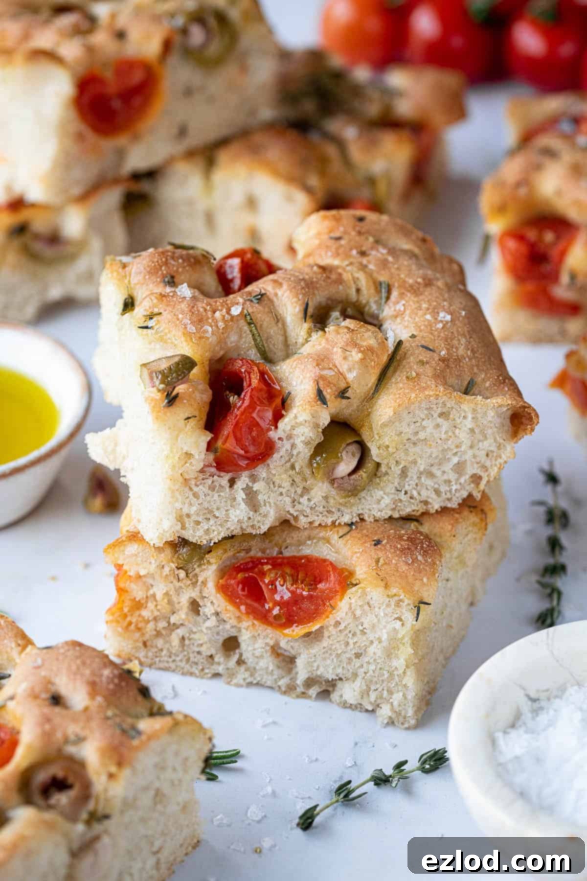 Baking Bliss and BBC Maestro Insights 3 Close up of slices of tomato and olive focaccia, showcasing its airy texture and delicious toppings.