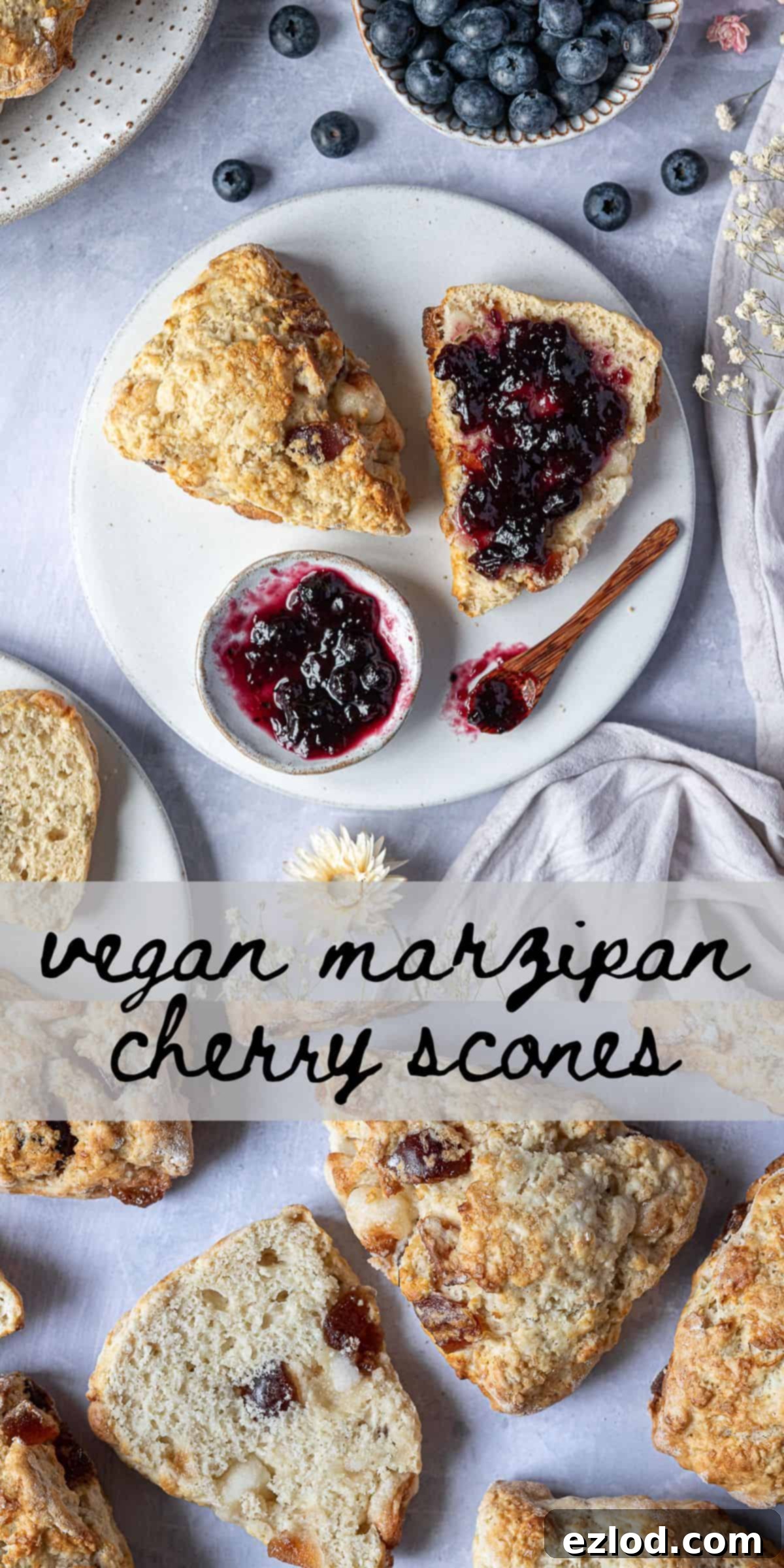 English Title Crafting 6 A vibrant Pinterest collage image showcasing delicious vegan marzipan cherry scones in various settings.