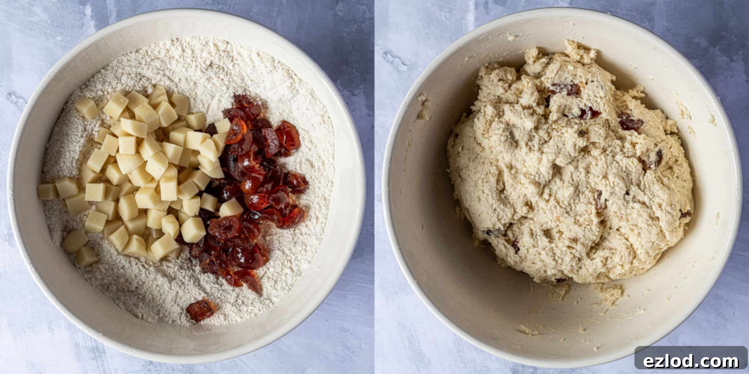 English Title Crafting 3 Two-image collage showing the addition of marzipan and cherries to the dough mixture, followed by the process of gently forming the soft, slightly sticky dough.