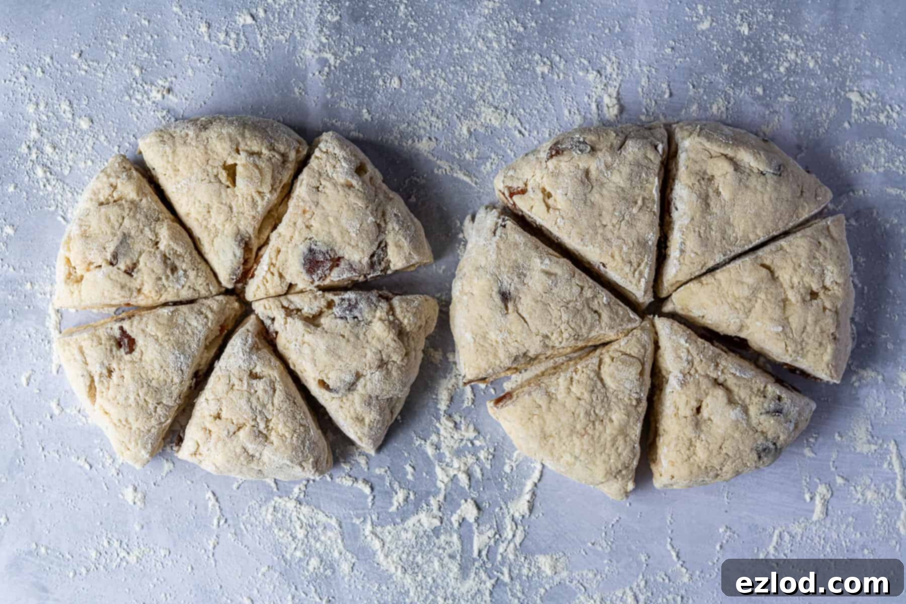 English Title Crafting 4 Step-by-step collage showing the dough being patted into rounds and then expertly sliced into triangular scone wedges using a floured knife.