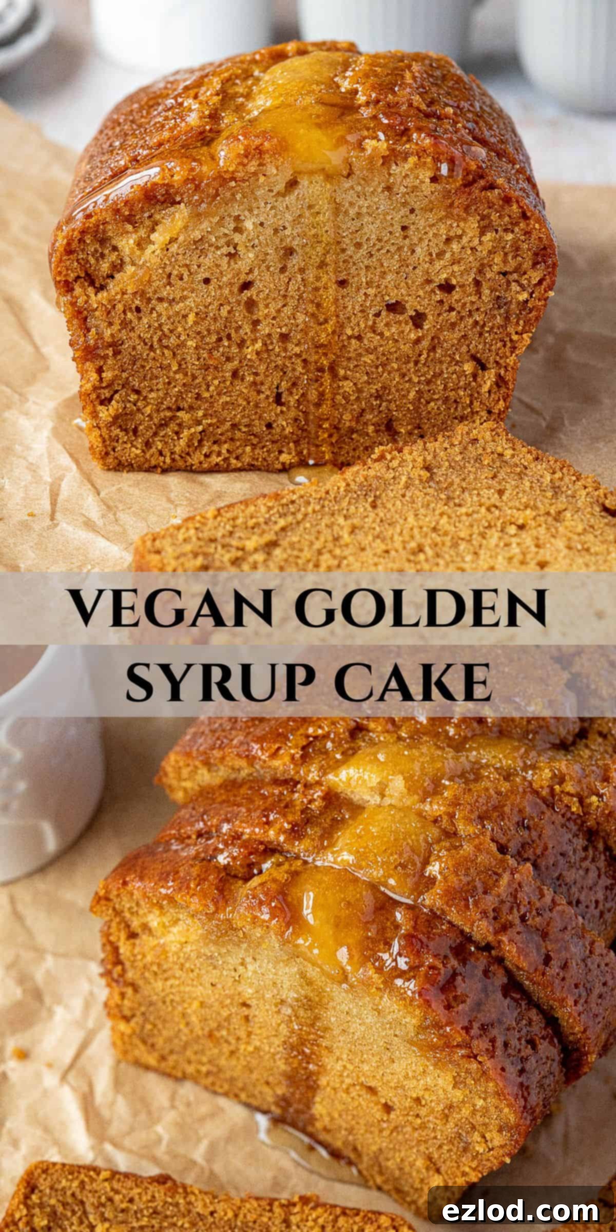 Vegan Liquid Gold Cake 12 A Pinterest collage featuring multiple inviting images of the vegan golden syrup cake, highlighting its golden hue and delicious texture, perfect for sharing on social media.