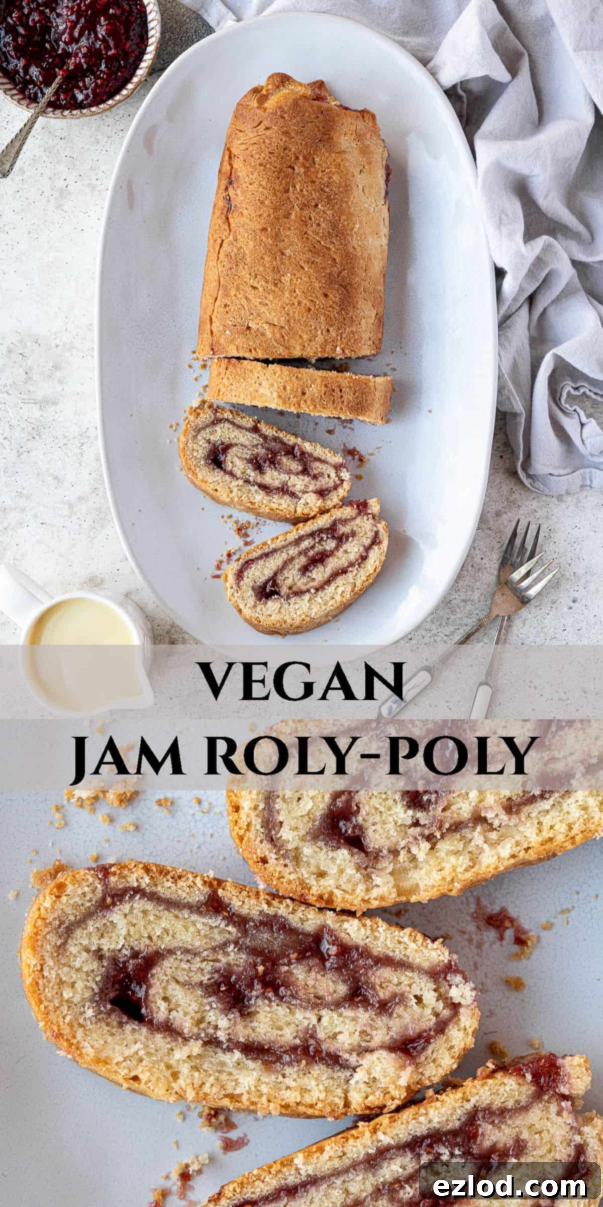 Luscious Vegan Jam Roly-Poly 17 A collage image featuring multiple enticing shots of vegan jam roly-poly, perfect for Pinterest sharing.