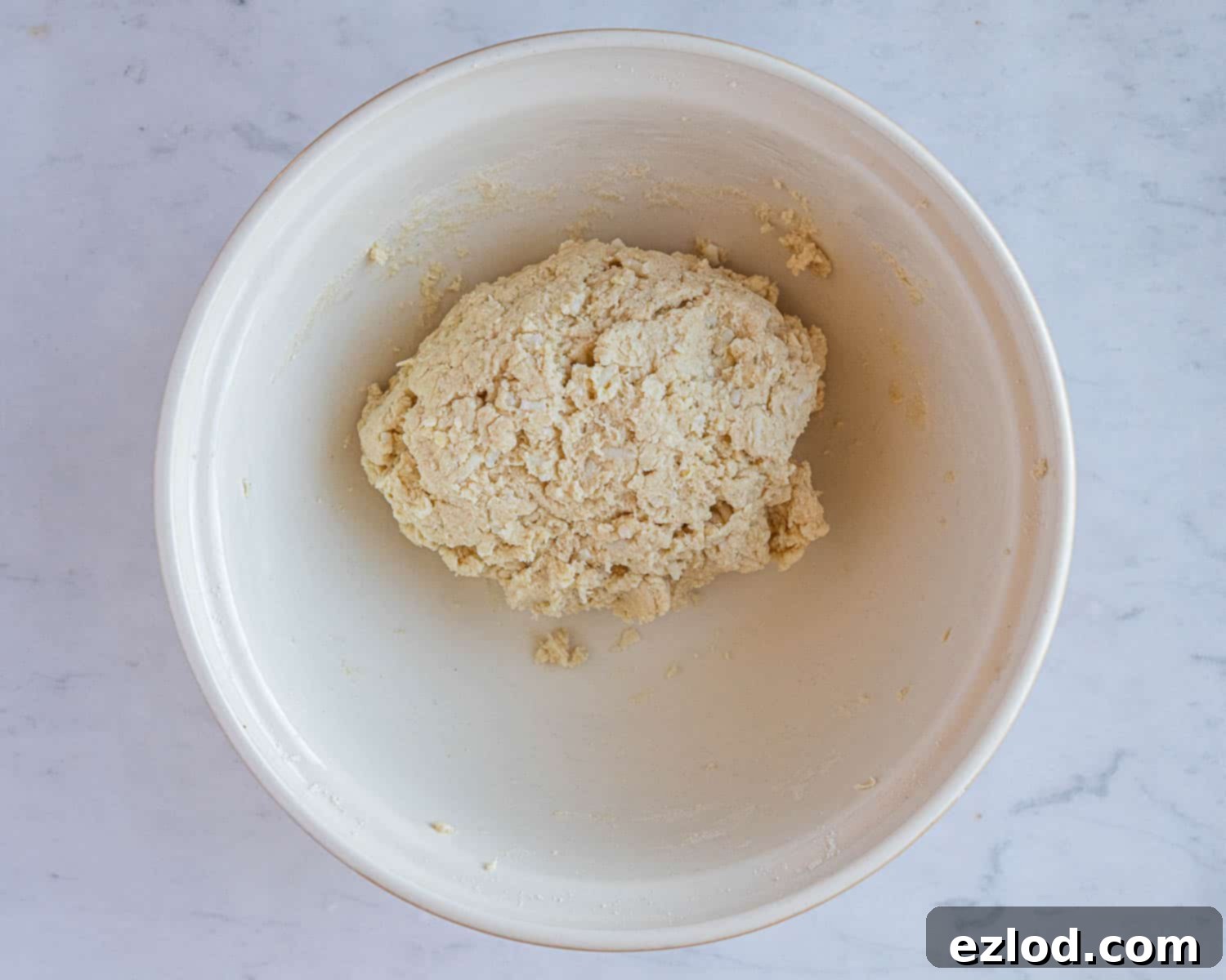 Luscious Vegan Jam Roly-Poly 6 Step 3 in making vegan jam roly-poly: the pastry dough after vanilla extract and non-dairy milk have been added and stirred, forming a soft but not sticky mixture.