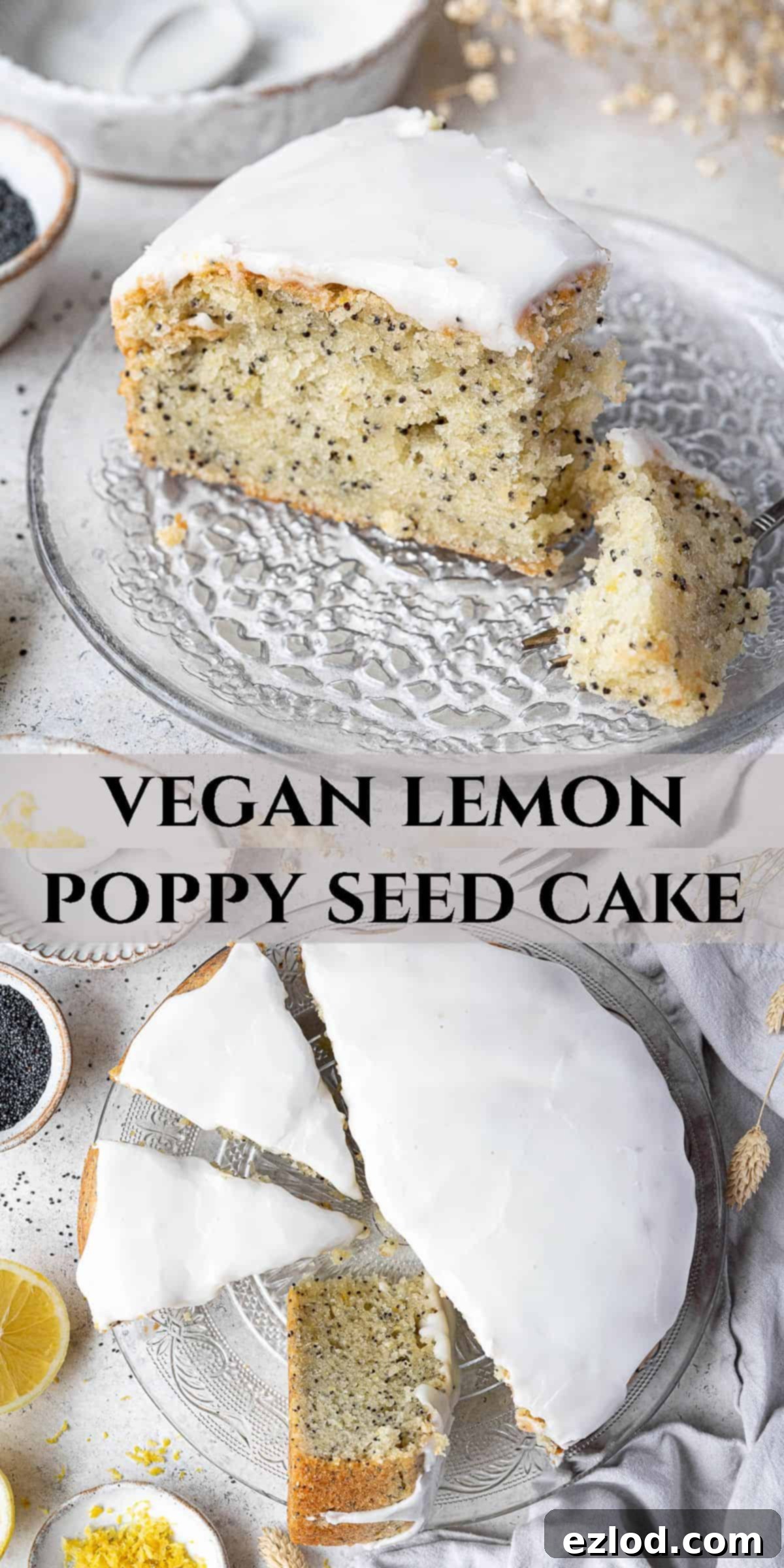 Zesty Vegan Lemon Poppy Seed Cake 13 A collage image for Pinterest featuring multiple delightful shots of the vegan lemon poppy seed cake, highlighting its moist texture, vibrant lemon glaze, and overall appeal.