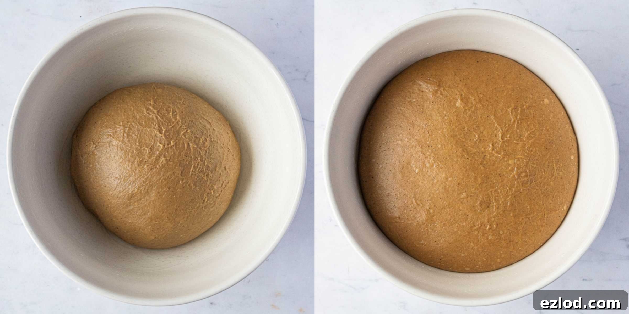 Jamaican Plant-Based Spiced Bun 9 Step 5: A two-image collage showing the dough before rising and after it has doubled in size, ready for the next stage.