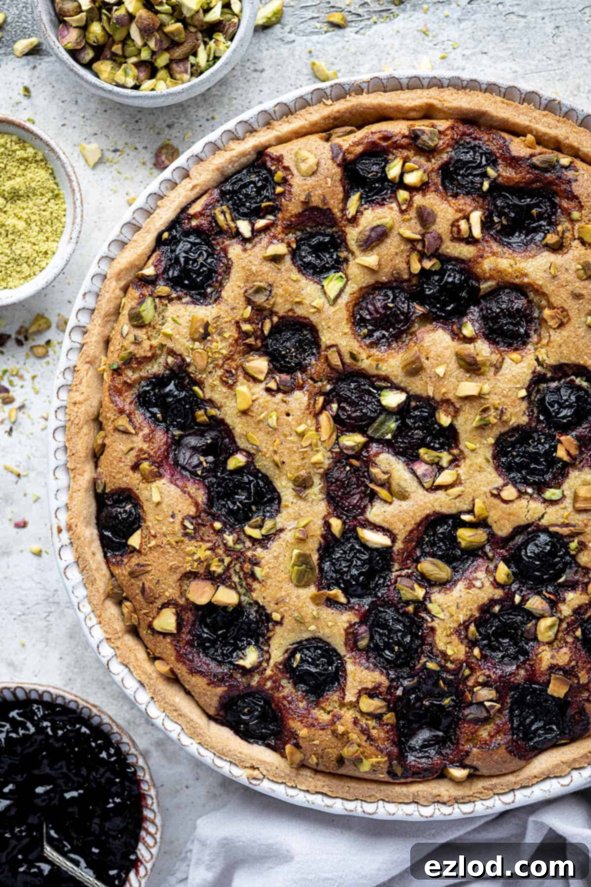 Heavenly Vegan Pistachio Cherry Frangipane Tart 12 Close up of the pistachio frangipane tarrt.