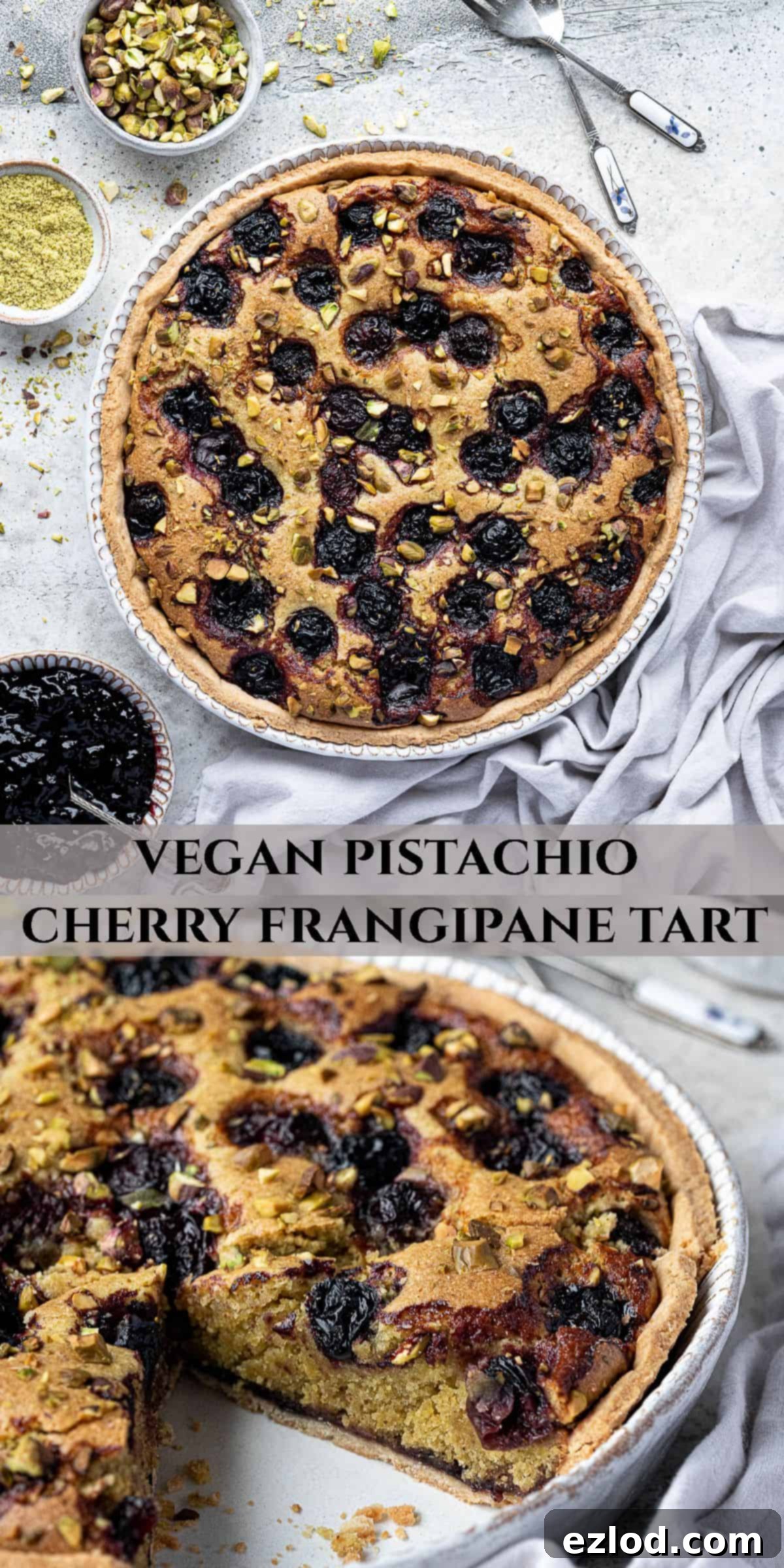 Heavenly Vegan Pistachio Cherry Frangipane Tart 14 Pinterest collage image.