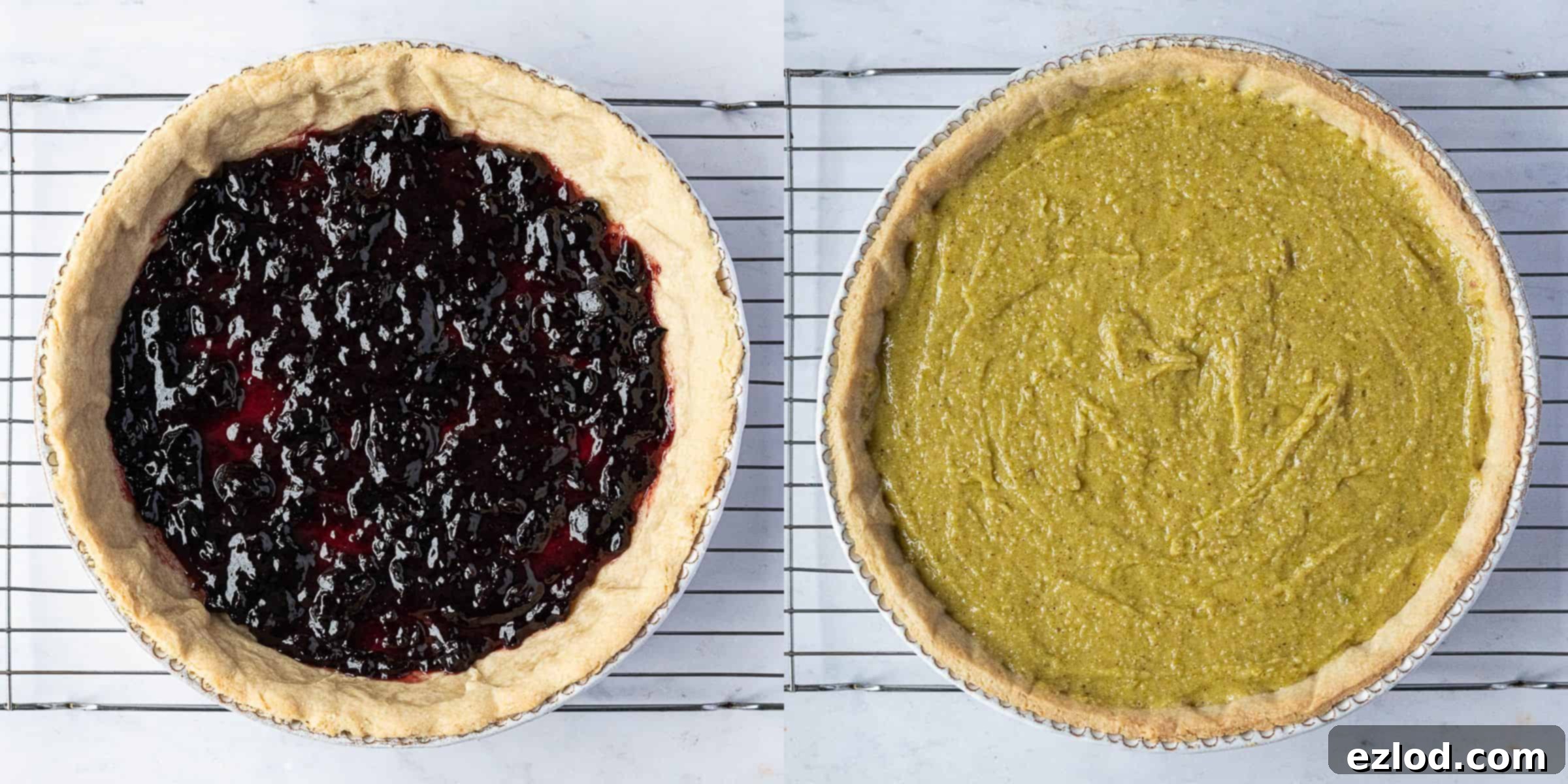 Heavenly Vegan Pistachio Cherry Frangipane Tart 9 Step 6, a two image collage of assembling the tart.