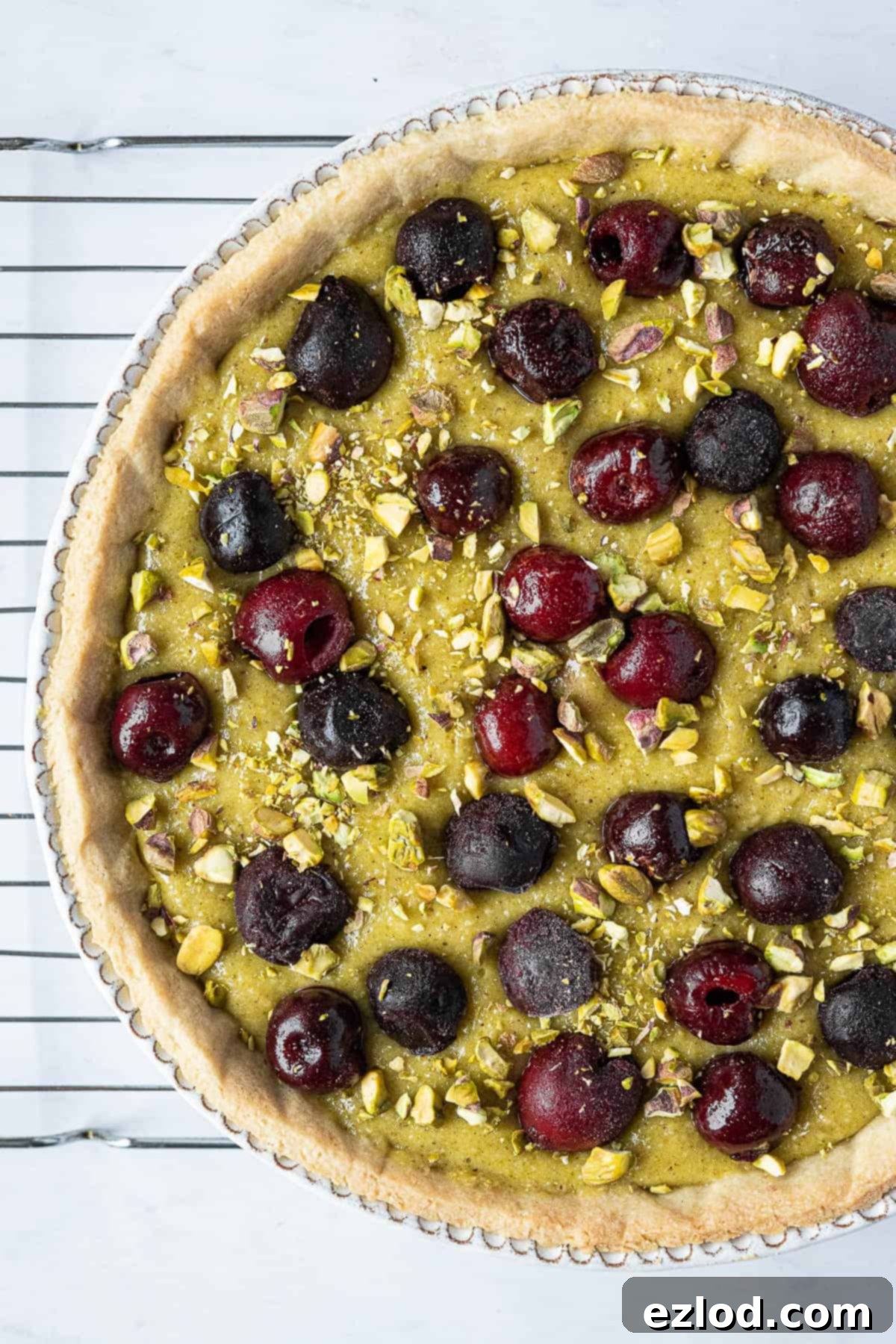 Heavenly Vegan Pistachio Cherry Frangipane Tart 10 The assembled tart before baking.