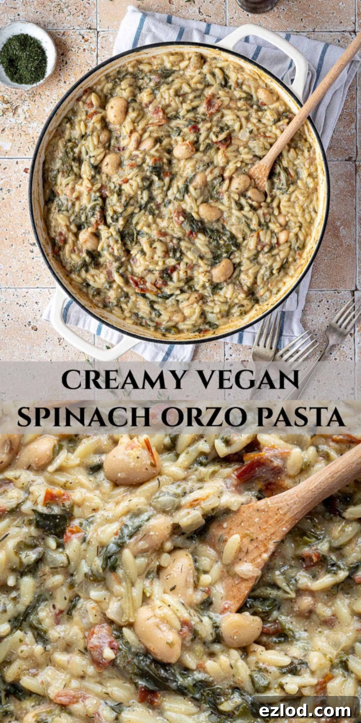 Velvety Vegan Spinach Orzo 11 Pinterest collage image.