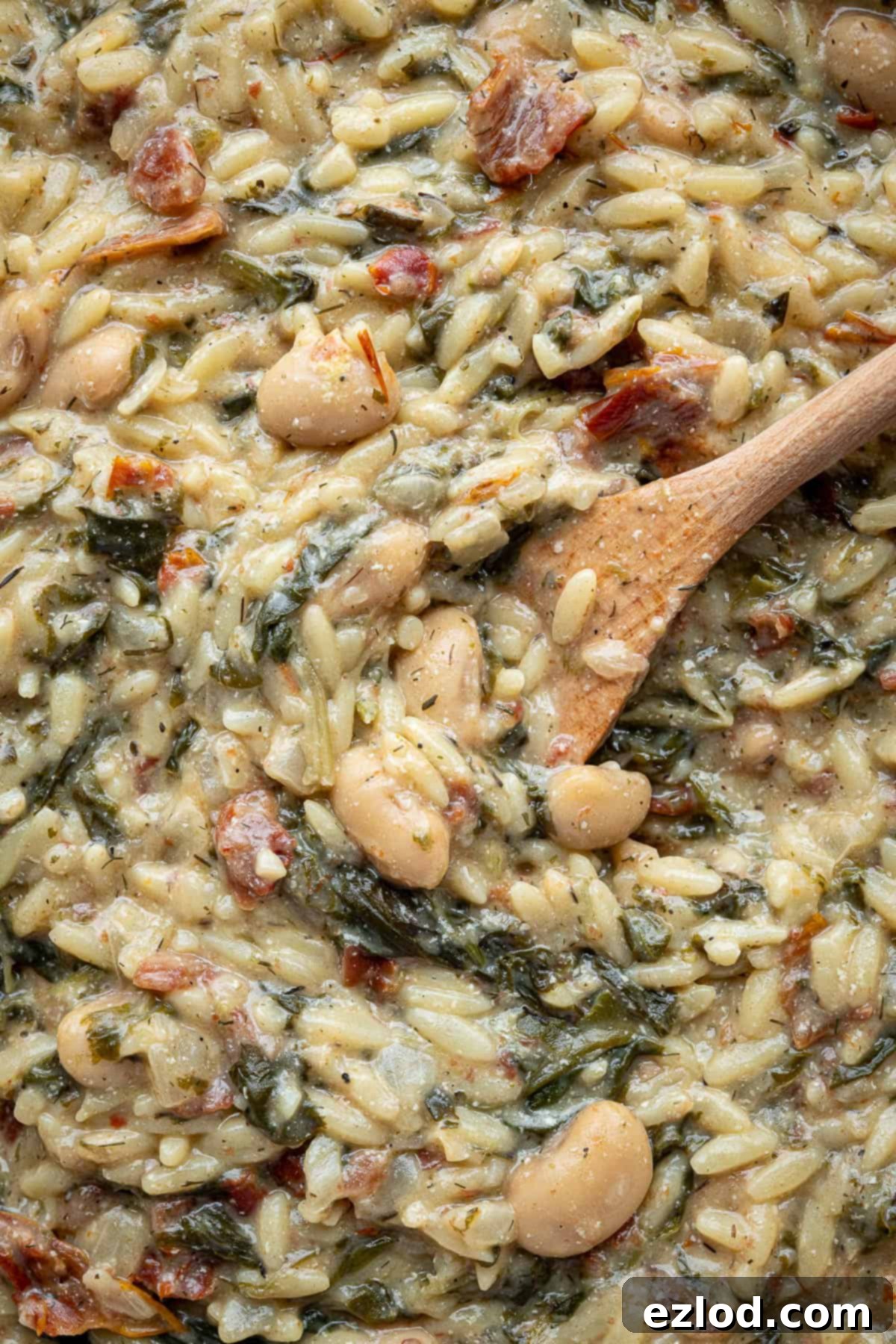 Velvety Vegan Spinach Orzo 3 Close up of creamy spinach orzo with a  wooden spoon.