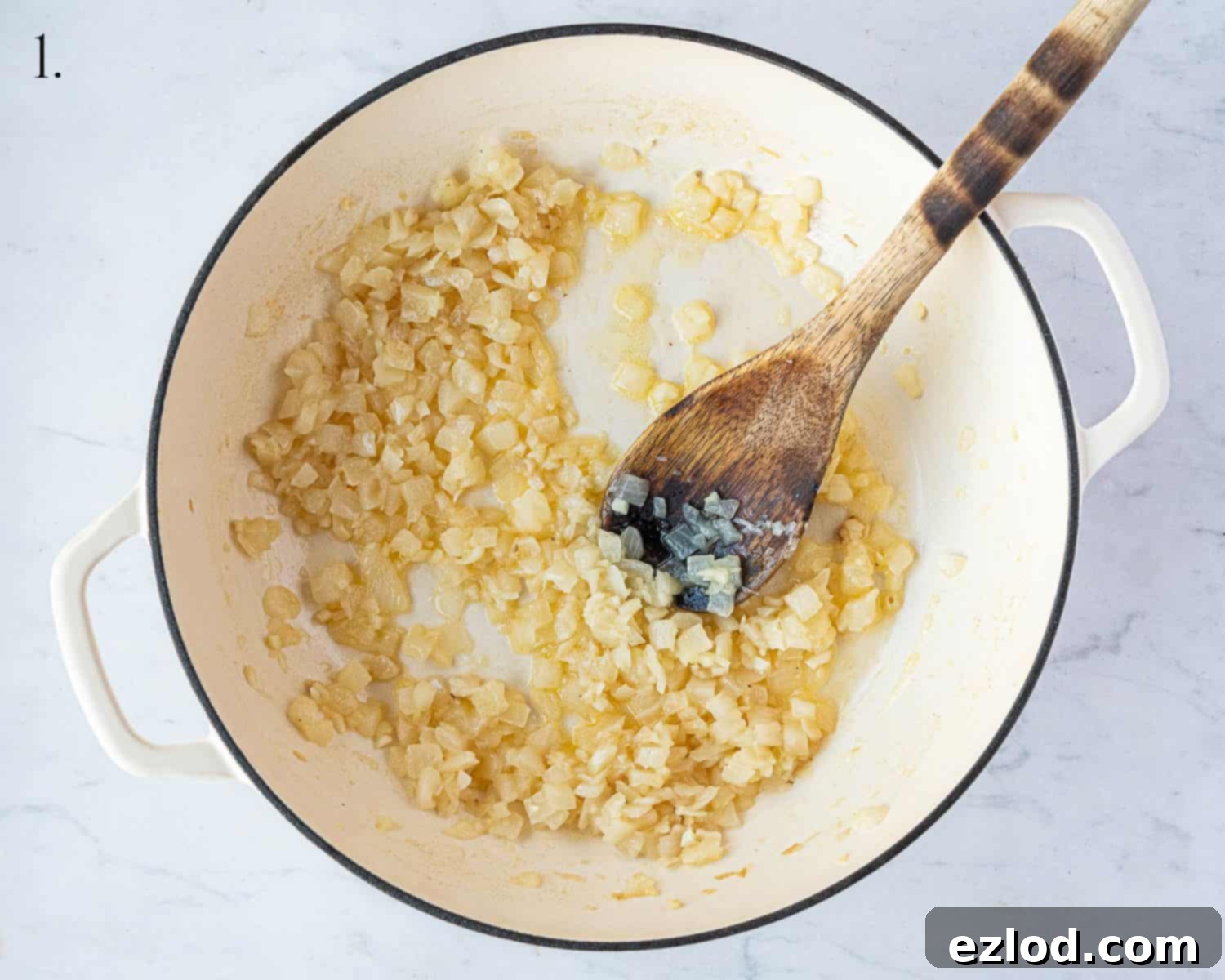 Velvety Vegan Spinach Orzo 4 Step 1, the cooked onion and garlic.