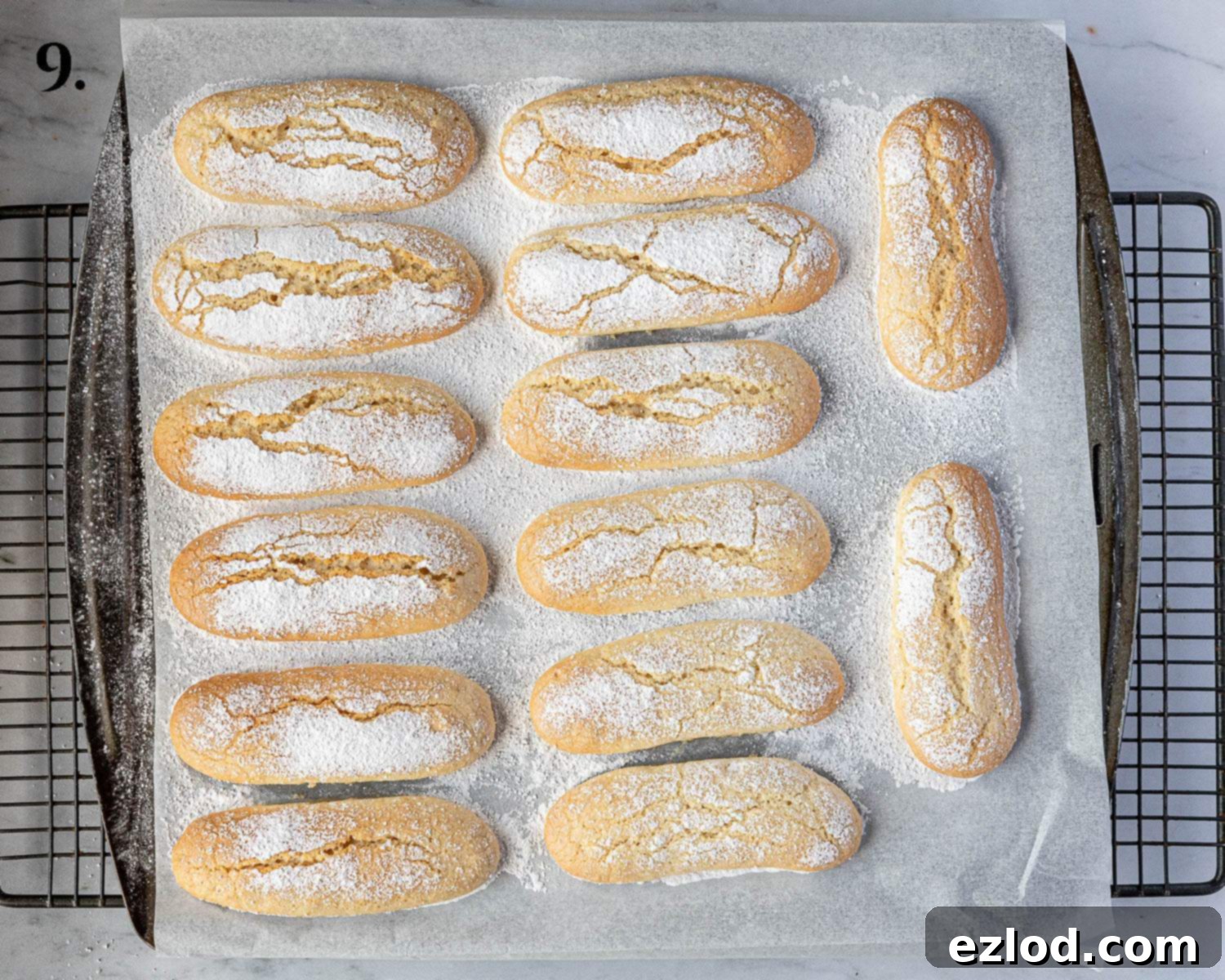 Delicate Vegan Ladyfingers 12 Step 9 of the recipe: Baked vegan ladyfingers, golden brown and crisp, cooling on a rack.