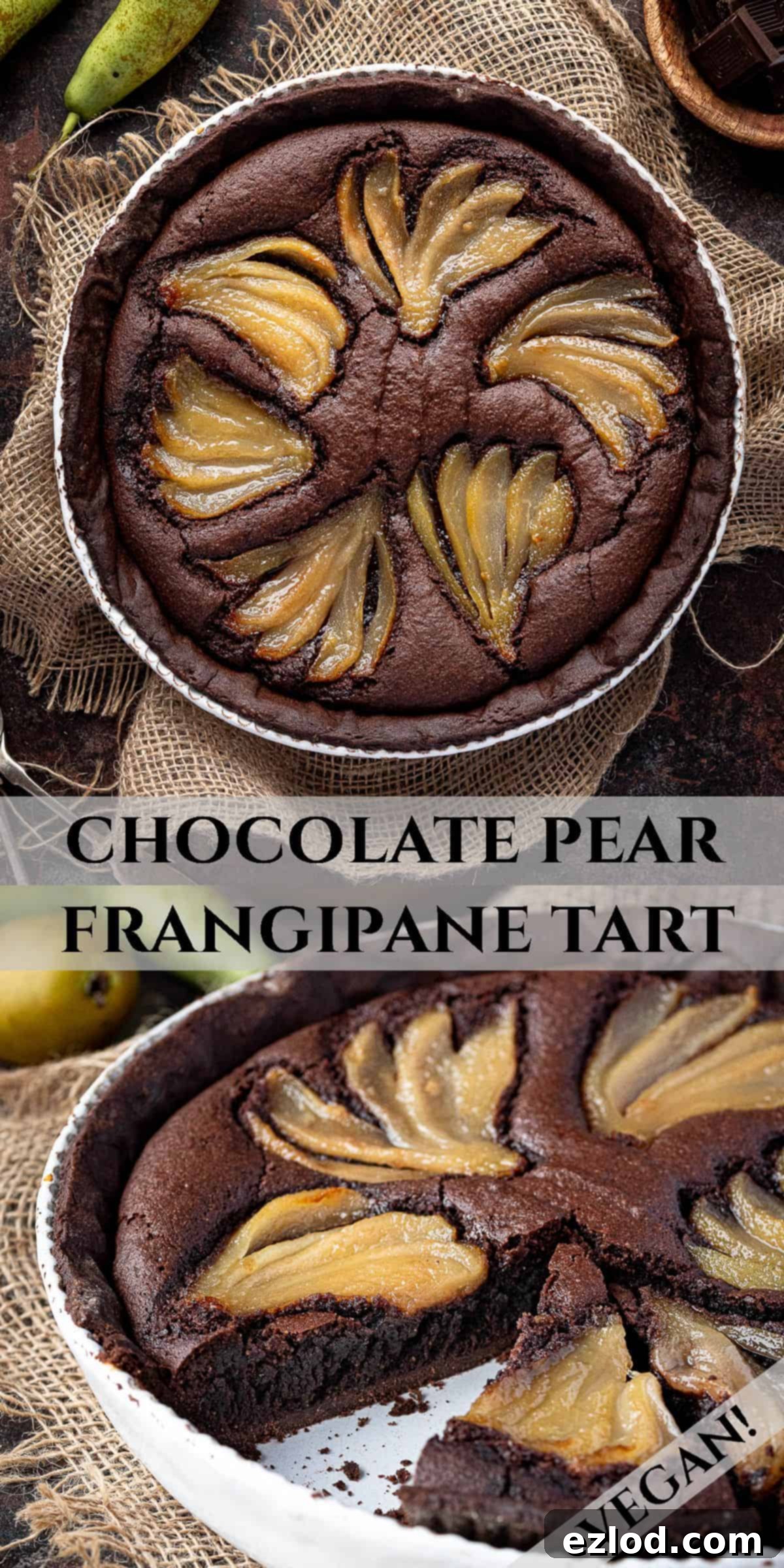 Rich Vegan Chocolate Pear Almond Tart 17 A collage of images showcasing the vegan chocolate pear frangipane tart, perfect for Pinterest.