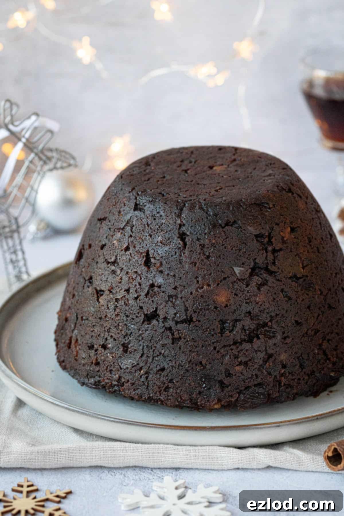 Guilt-Free Vegan Chocolate Christmas Pudding 12 Close up of the vegan chocolate Christmas pudding.