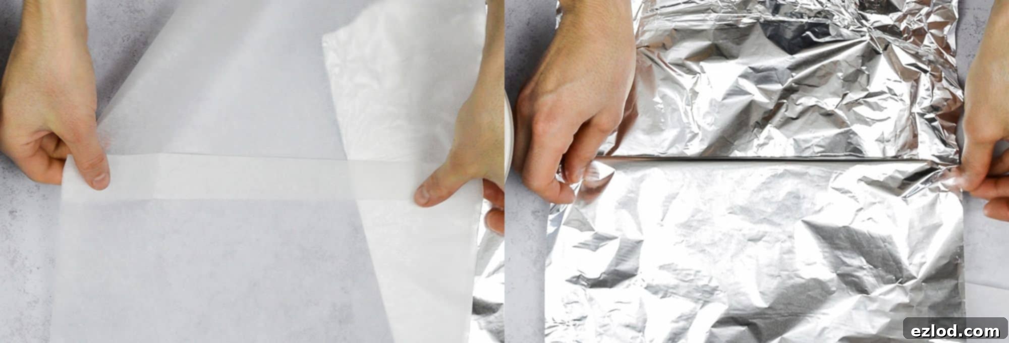 Guilt-Free Vegan Chocolate Christmas Pudding 8 Step 5, a two image collage of preparing the baking parchment and foil.