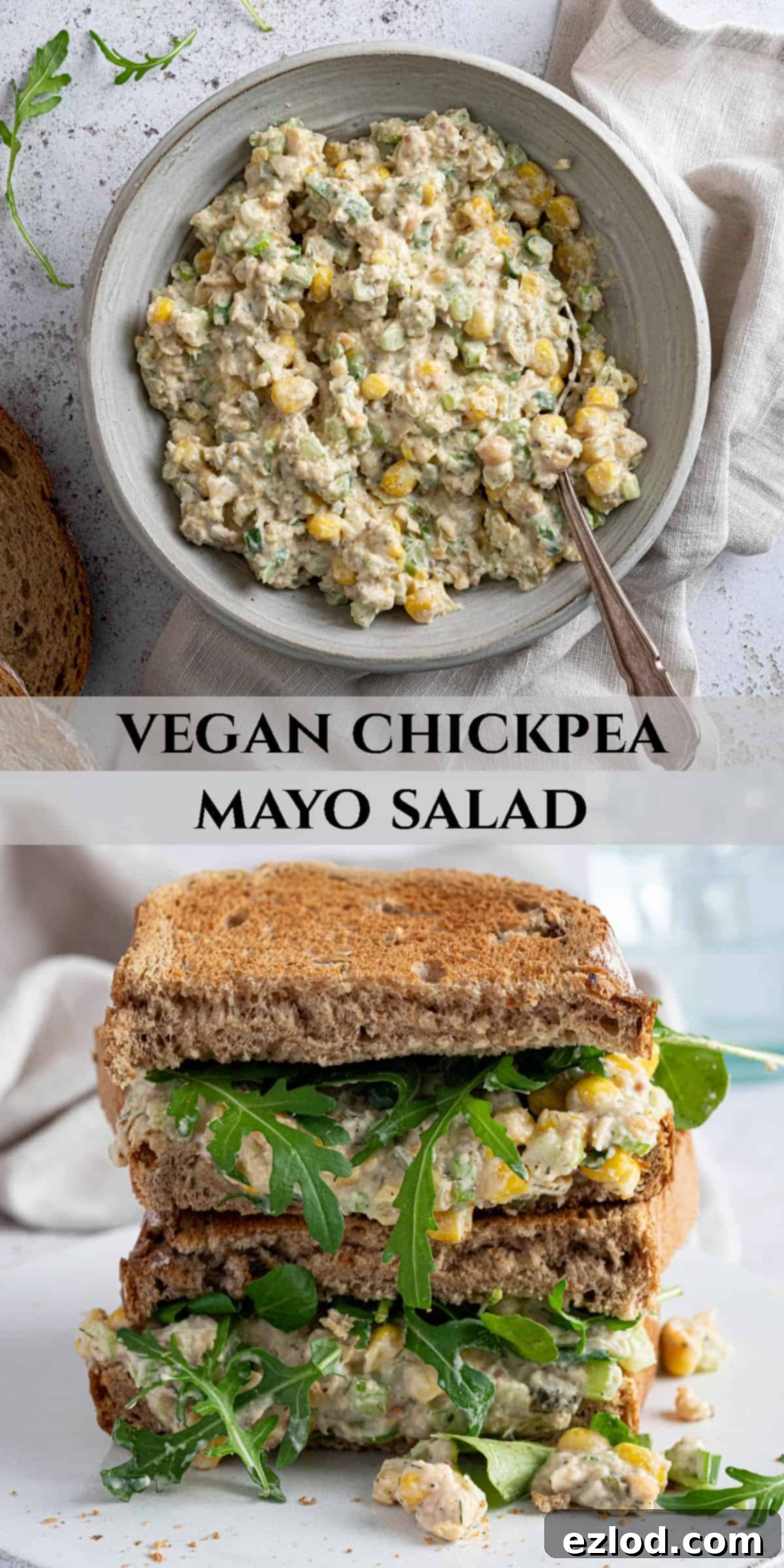 Creamy Chickpea Salad 10 Pinterest collage image for Chickpea Mayo Salad, featuring various serving suggestions and ingredient shots.