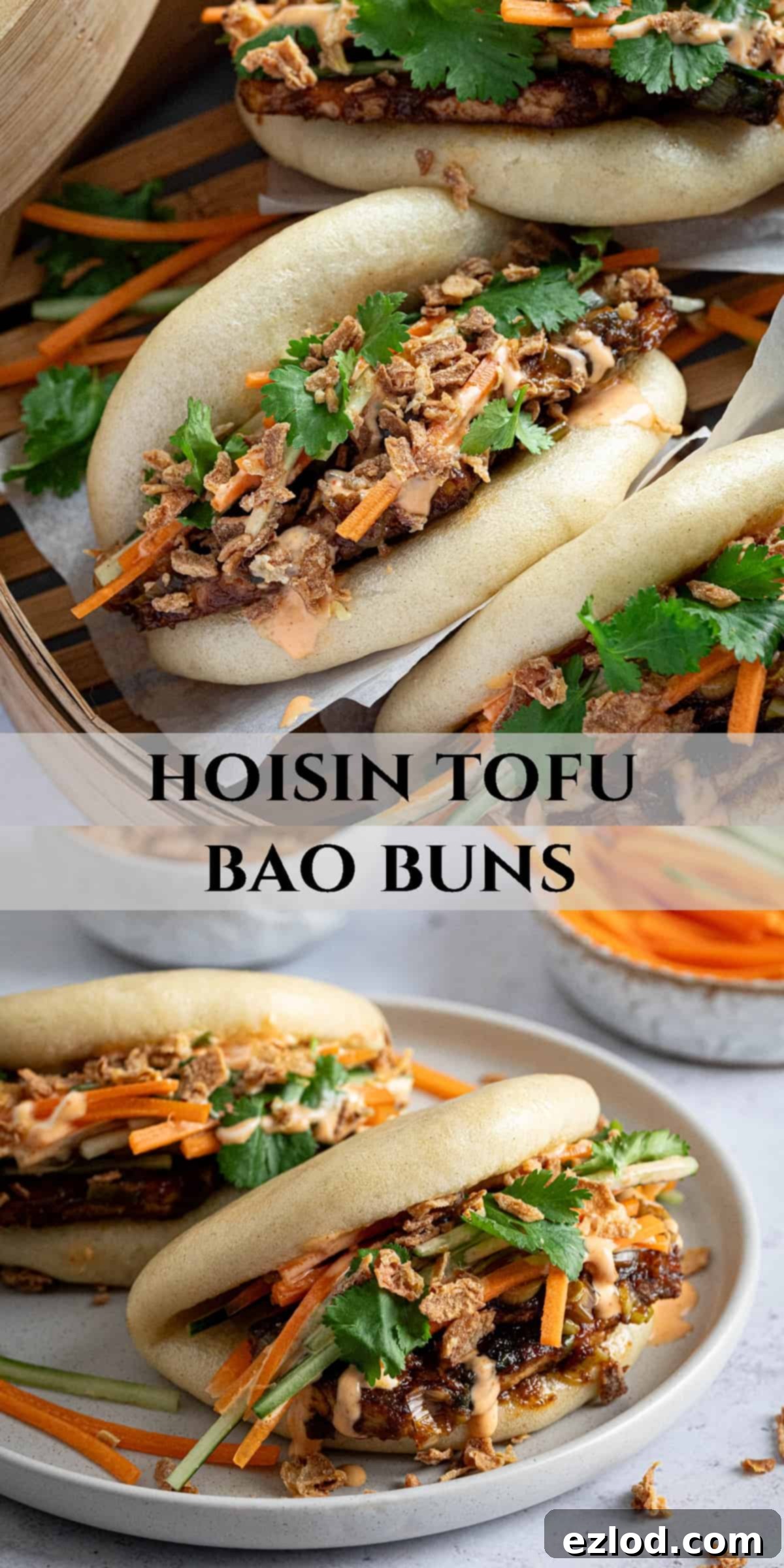 Pillowy Vegan Hoisin Tofu Bao Buns 11 Pinterest collage image for Hoisin Tofu Bao Buns, featuring multiple images of the finished dish.