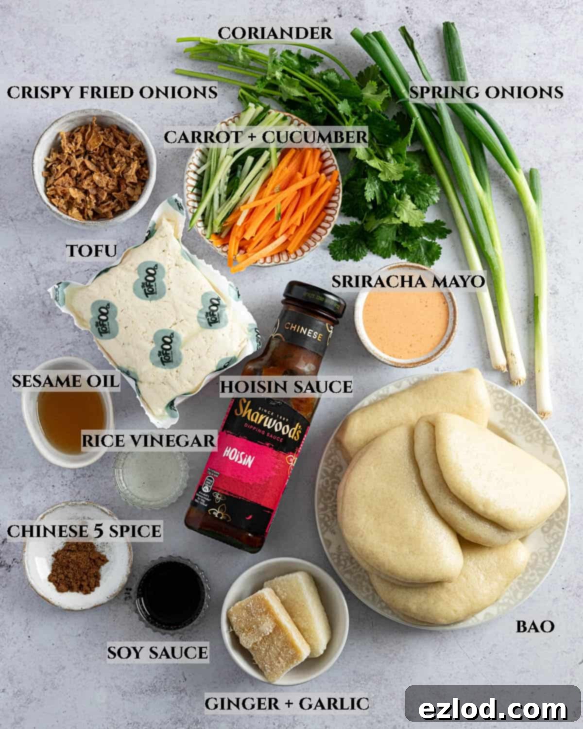 Pillowy Vegan Hoisin Tofu Bao Buns 3 A labelled photo of the ingredients needed to make hoisin tofu bao buns, neatly arranged.