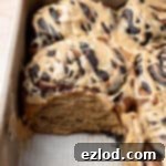 Close up of a deliciously baked vegan mocha cinnamon roll, highlighting its perfect texture and glaze.