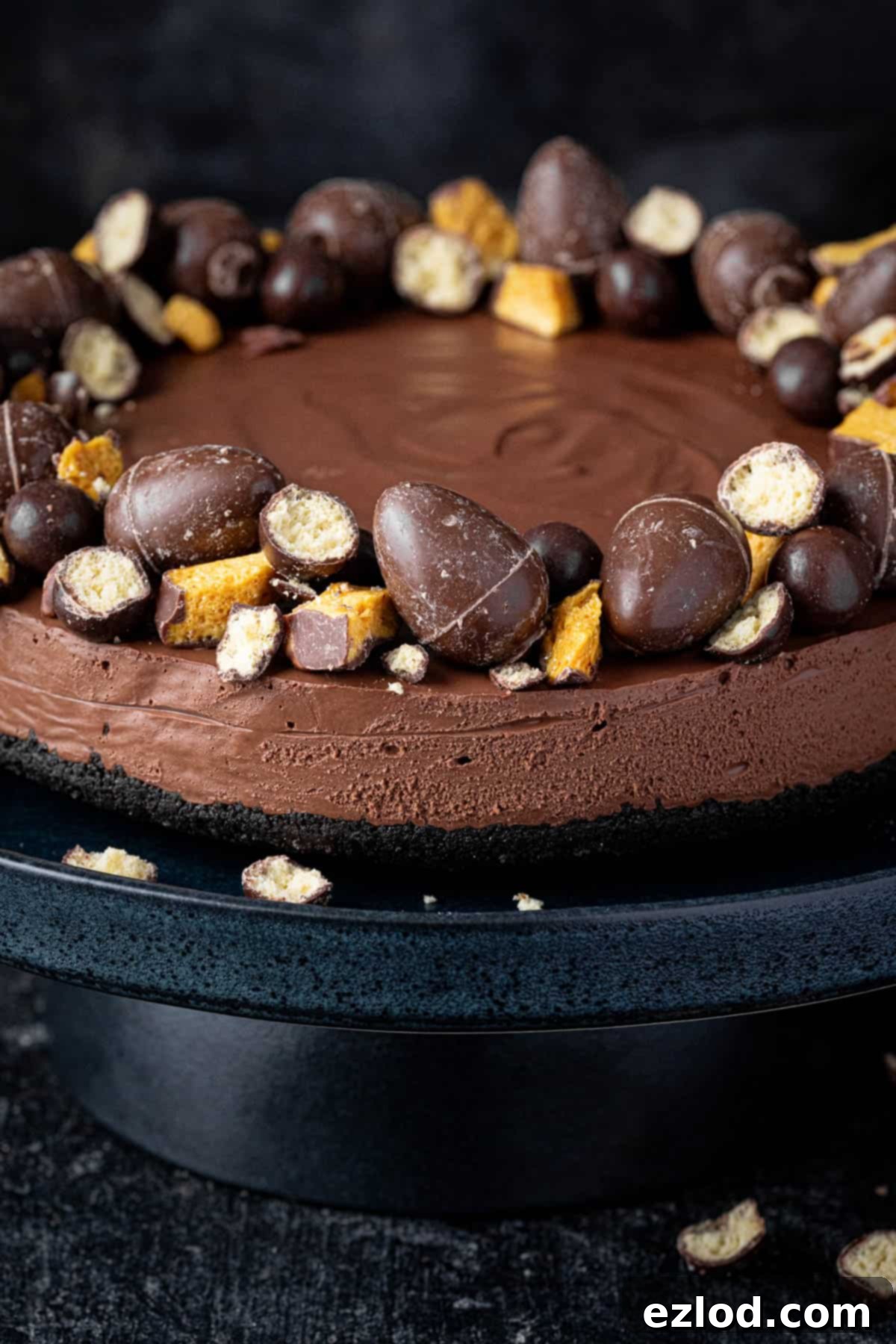 Velvet Vegan Chocolate Cheesecake 13 Close up of the decorated cheesecake.
