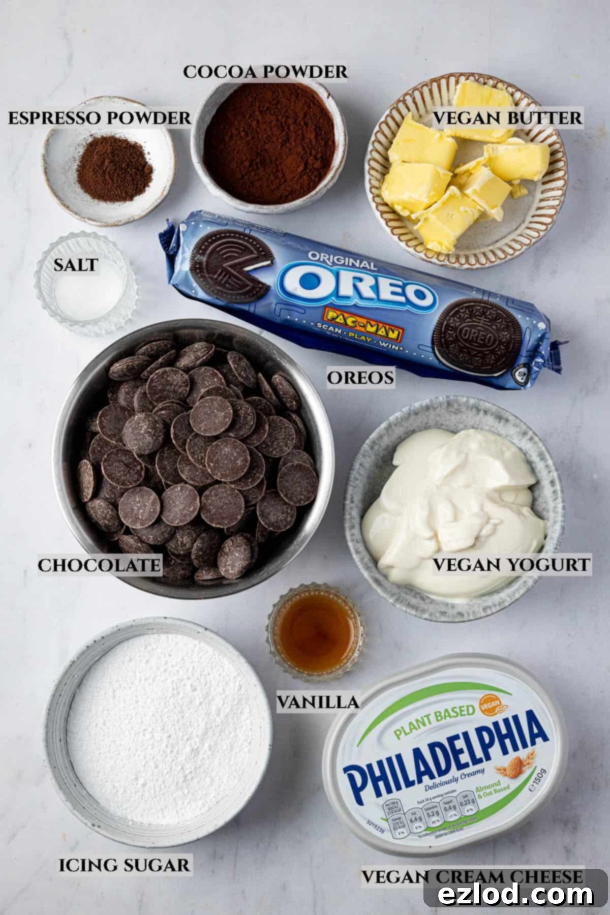 Velvet Vegan Chocolate Cheesecake 3 A labelled photo of the ingredients needed to make vegan chocolate cheesecake.