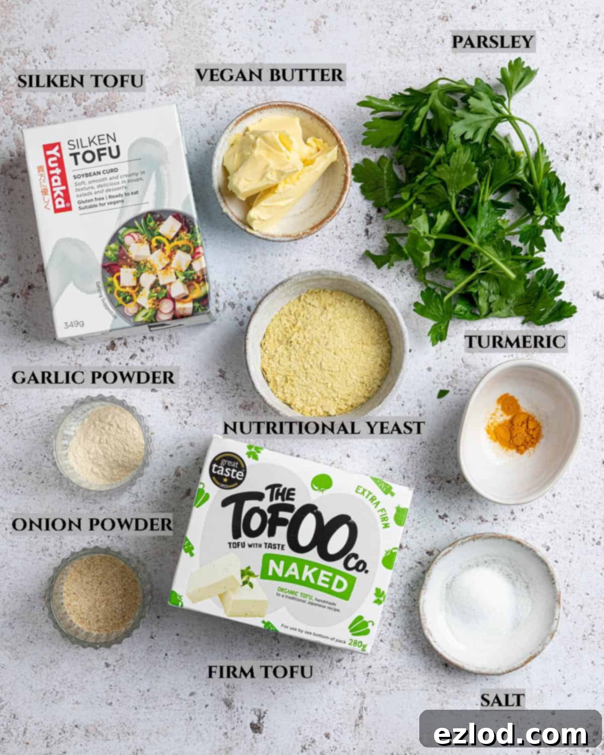 Golden Tofu Scramble 4 A beautifully arranged selection of fresh ingredients for tofu scramble, clearly labelled for easy identification.