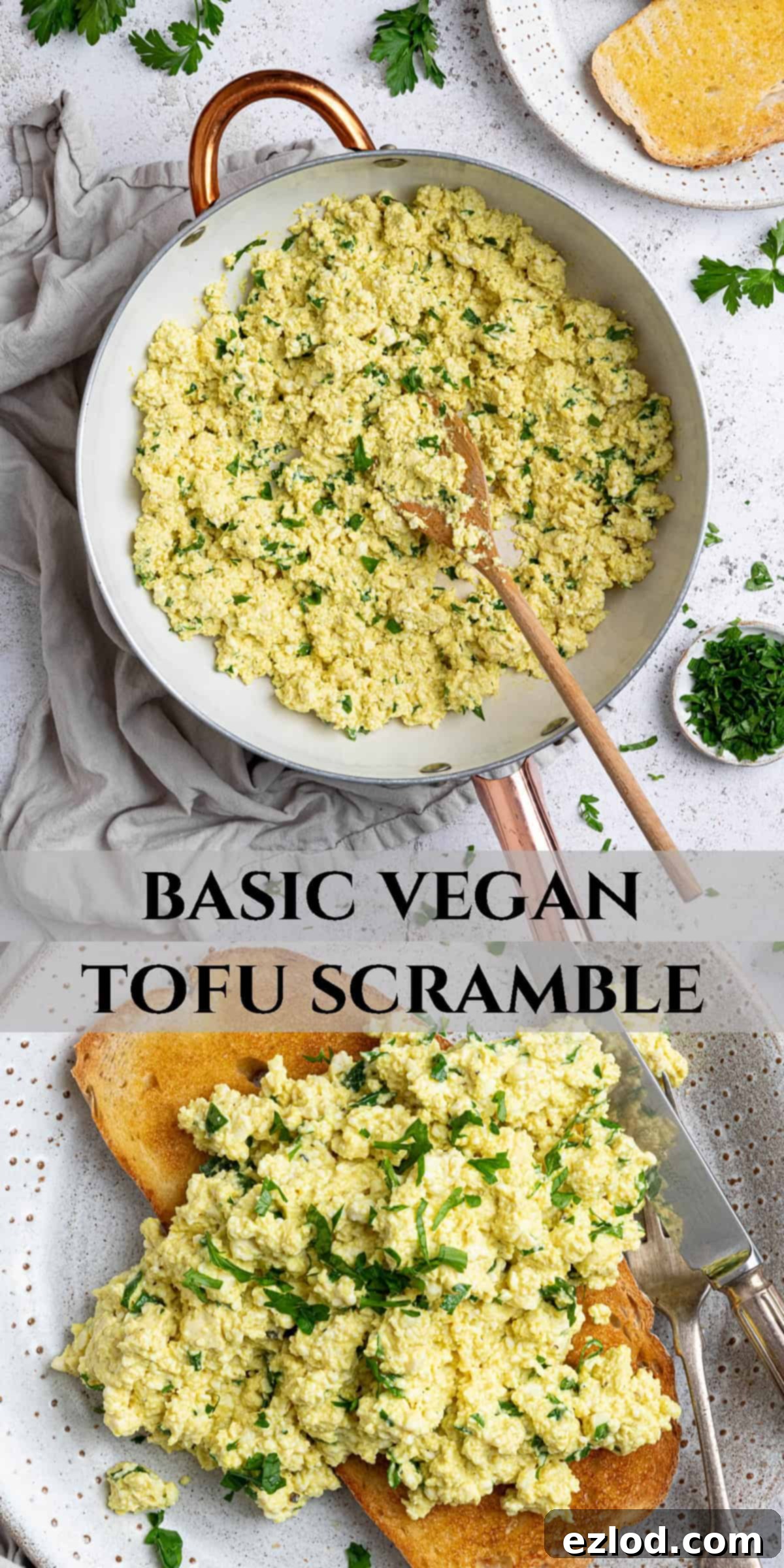 Golden Tofu Scramble 8 A vibrant Pinterest collage showcasing various stages and serving suggestions for the easy vegan tofu scramble.