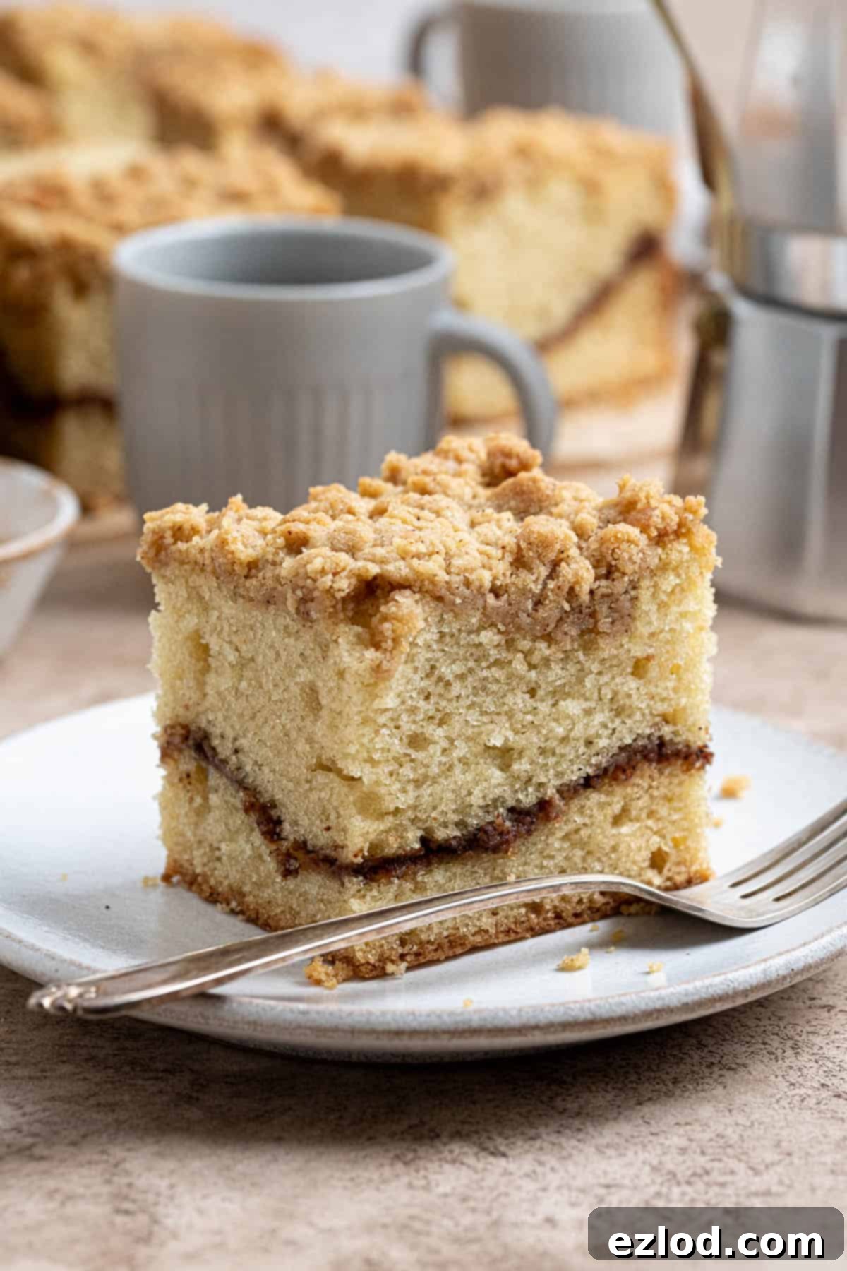 Plant-Based Streusel Cake 13 A slice of vegan coffee cake on a plate with a fork.