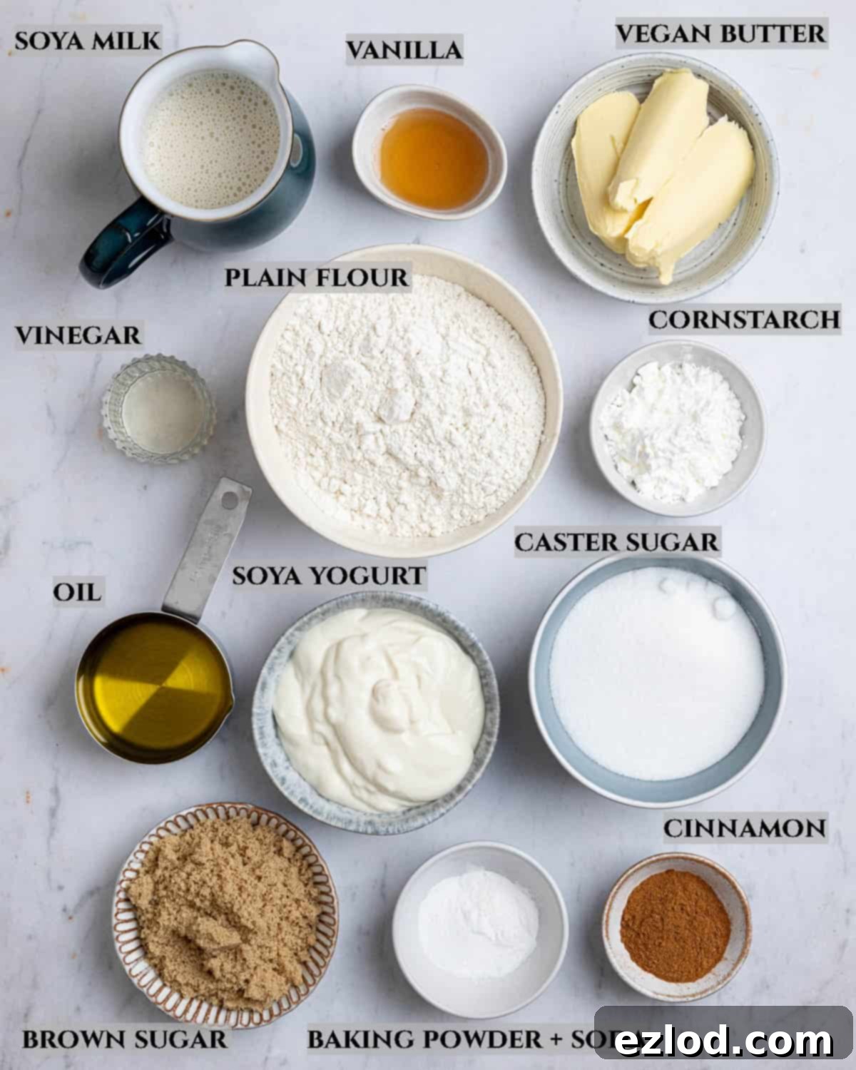 Plant-Based Streusel Cake 3 A labelled photo of the ingredients needed to make vegan coffee cake.