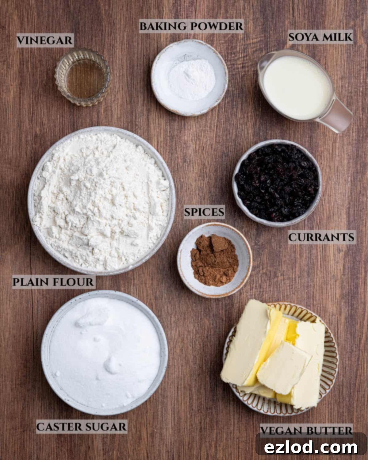 Homestyle Vegan Soul Cakes 3 A labelled photo of the ingredients needed to make vegan soul cakes.