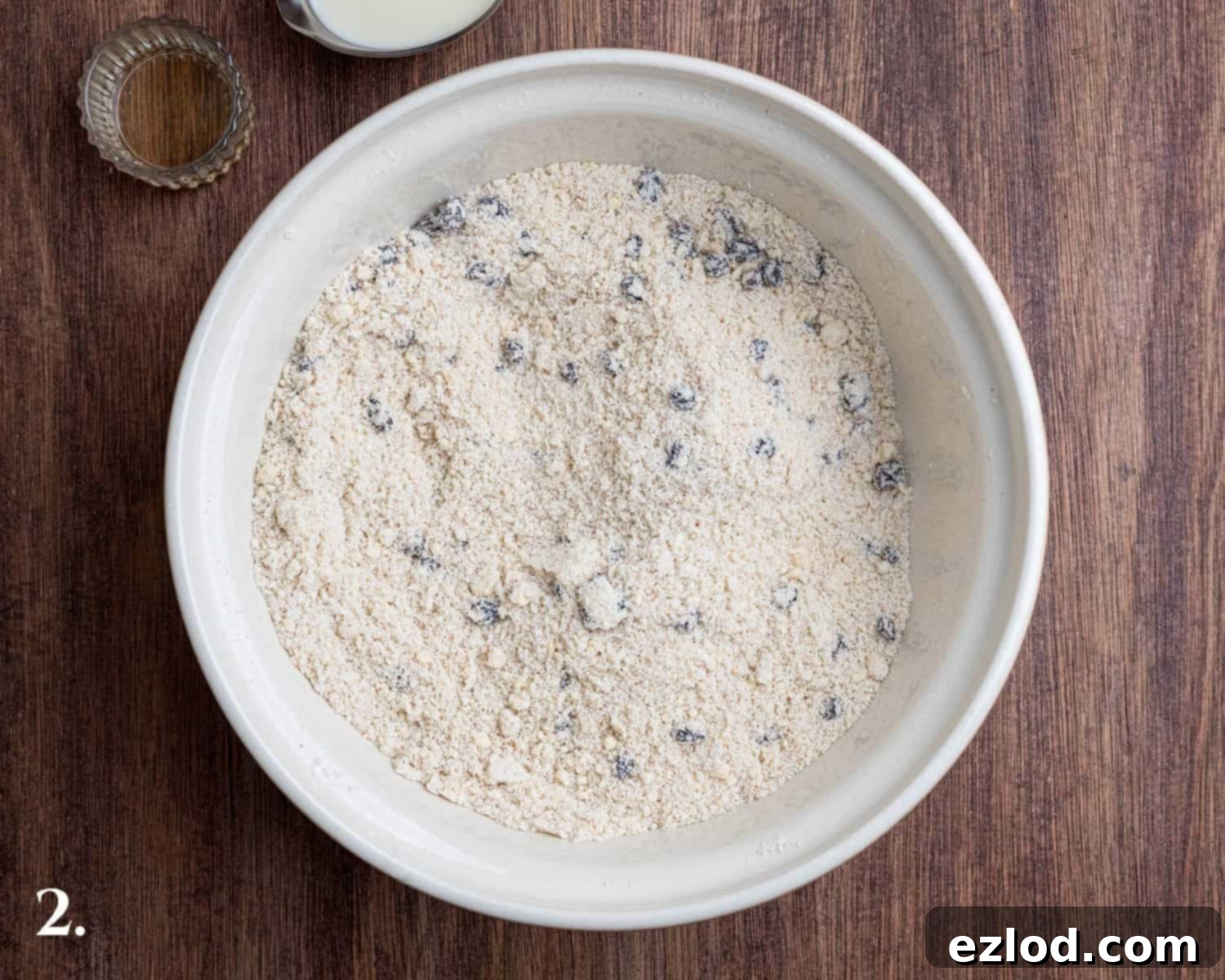 Homestyle Vegan Soul Cakes 6 Step 2, the mixture with the sugar and currants added.