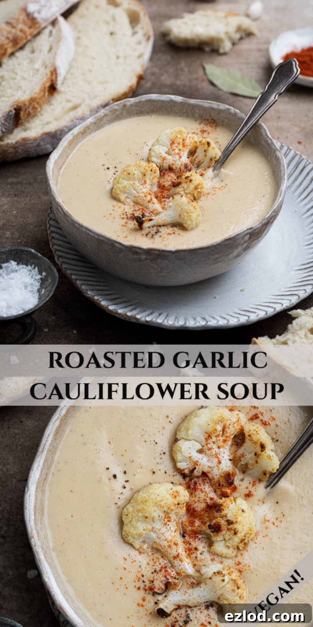 Velvety Vegan Roasted Garlic Cauliflower Soup 12 A vibrant collage of roasted garlic cauliflower soup images, perfect for Pinterest sharing, showcasing the soup in a bowl with bread, ingredients, and close-ups.