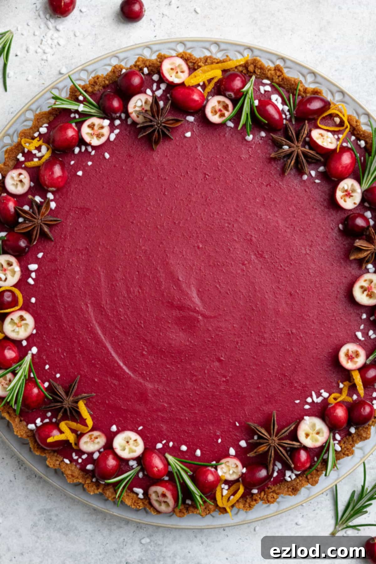 Zesty Vegan Cranberry Curd Tart 14 Close-up of the elegant Vegan Cranberry Curd Tart, showcasing its glossy finish and rich red color, ready for a festive table.