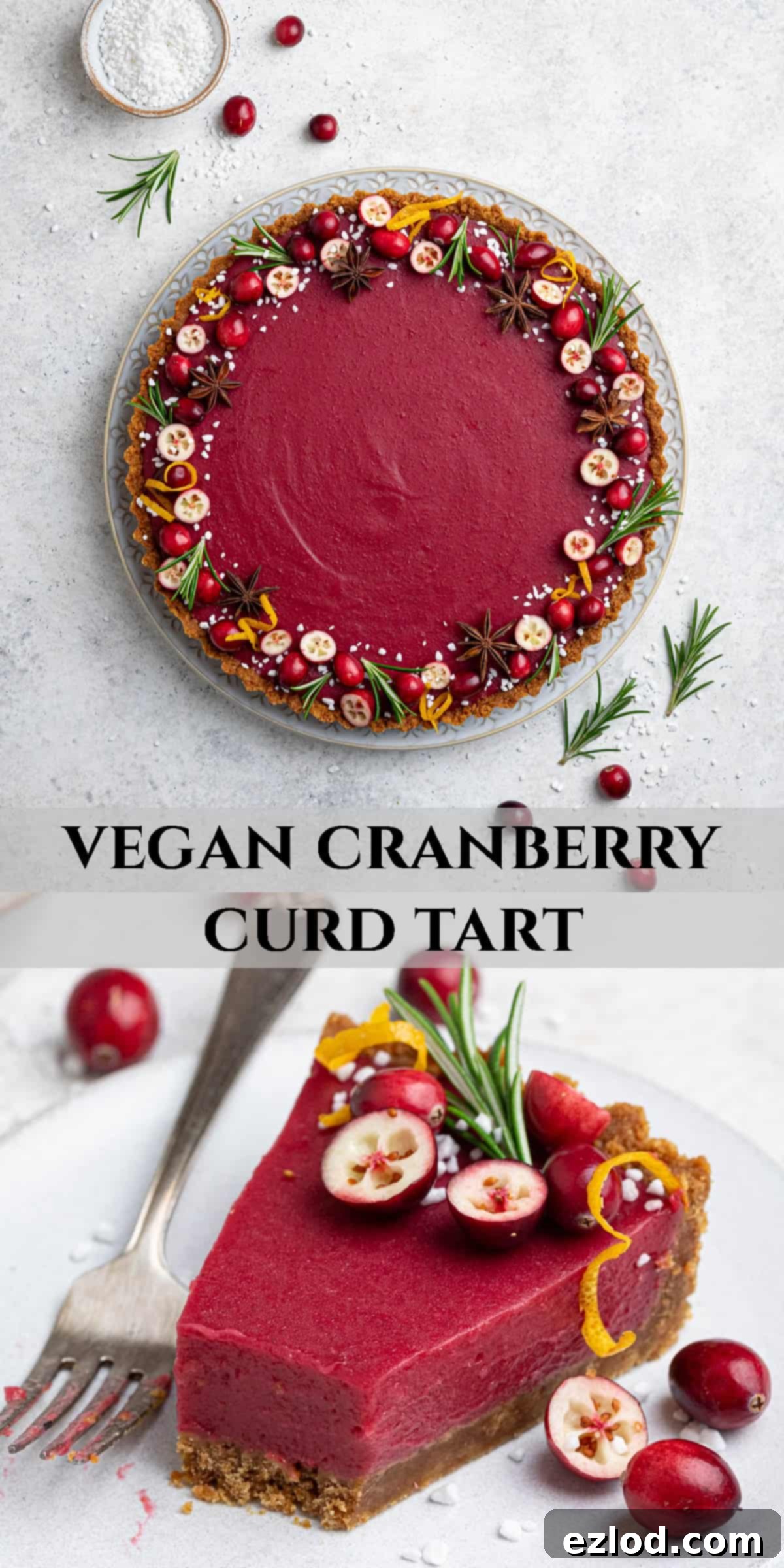 Zesty Vegan Cranberry Curd Tart 17 Pinterest collage featuring multiple enticing images of the Vegan Cranberry Curd Tart.