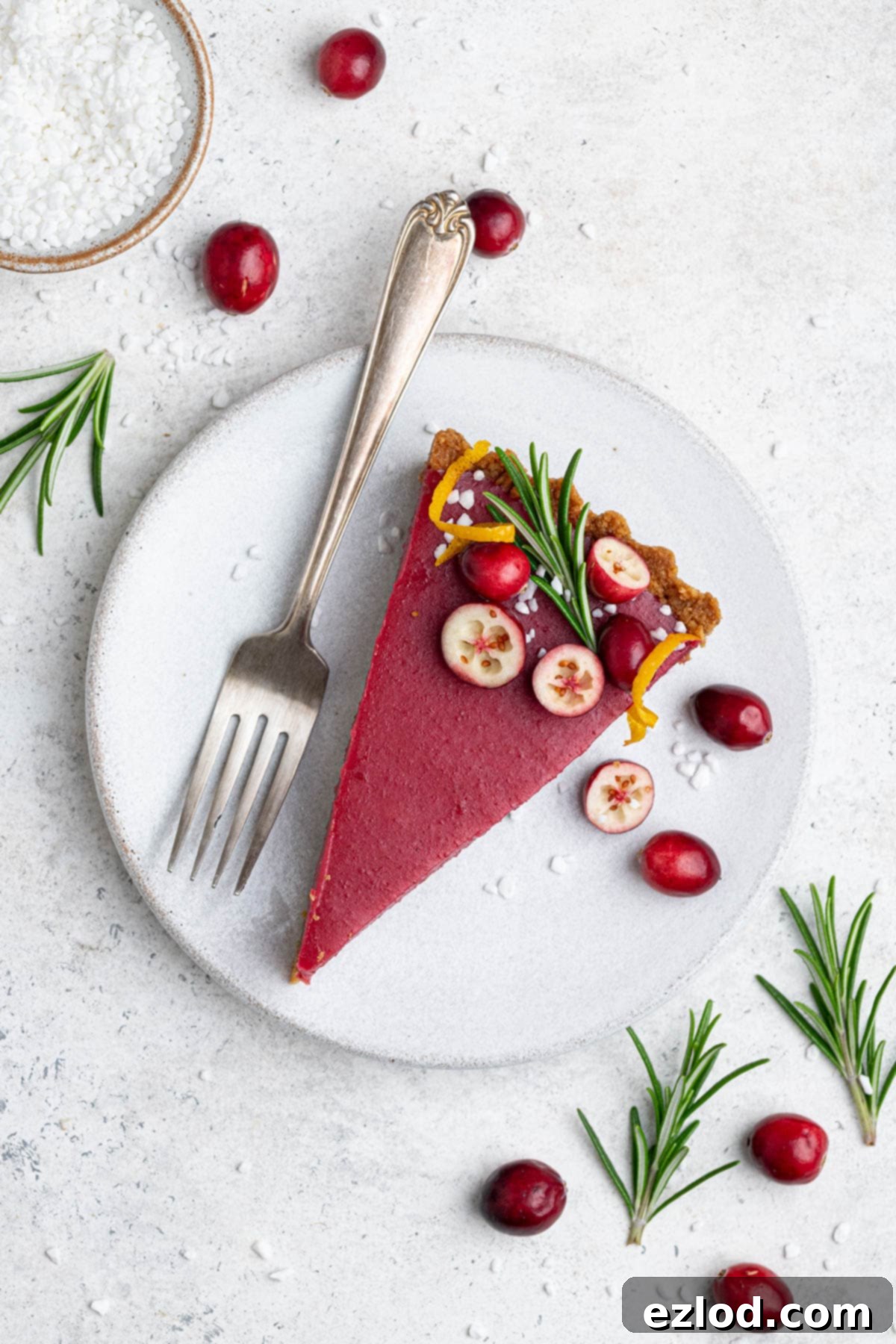 Zesty Vegan Cranberry Curd Tart 3 A perfectly sliced Vegan Cranberry Curd Tart, revealing its creamy red filling and golden gingernut crust, served on a white plate with fresh cranberries and rosemary sprigs.