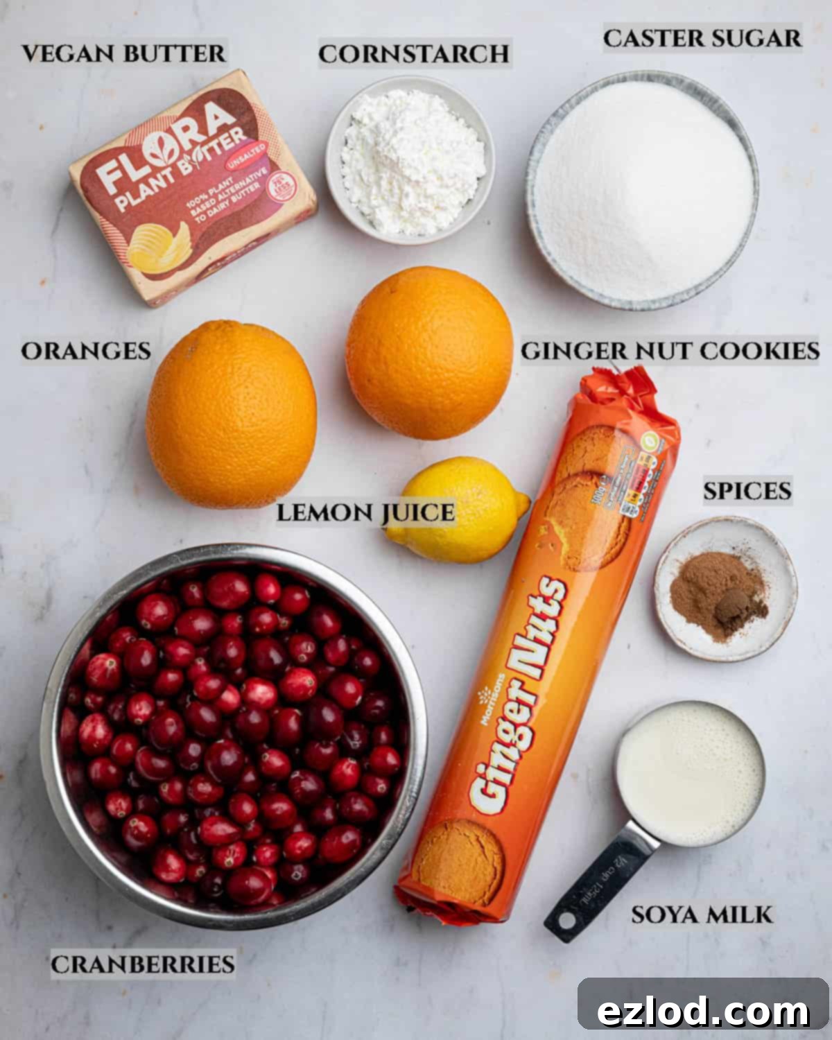 Zesty Vegan Cranberry Curd Tart 4 Labeled photo showcasing all the fresh and dry ingredients required to prepare the homemade Vegan Cranberry Curd Tart.