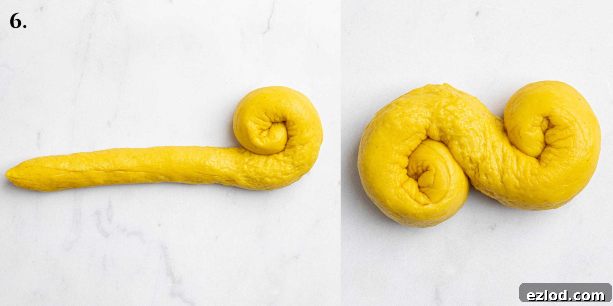 Plant-Based Saffron Buns for St. Lucia 12 Step 6, a two image collage of rolling up the rope of dough.