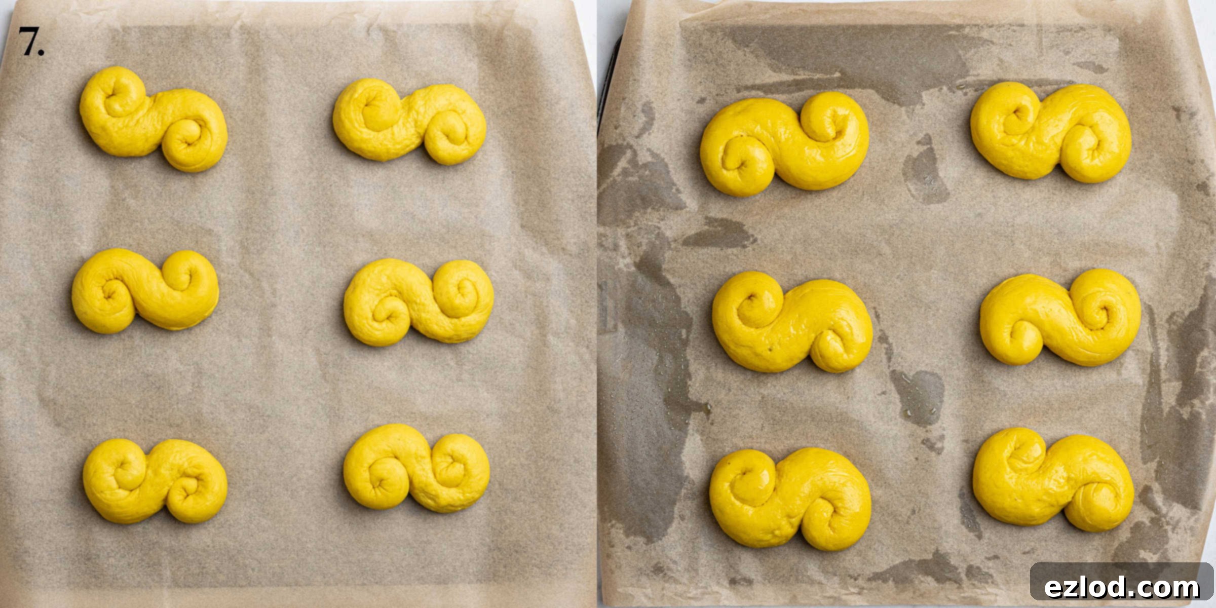 Plant-Based Saffron Buns for St. Lucia 13 Step 7, a two image collage of the buns before and after rising.