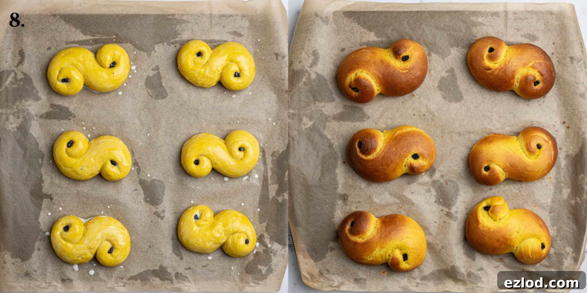 Plant-Based Saffron Buns for St. Lucia 14 Step 8, a two image collage of the buns before and after baking.