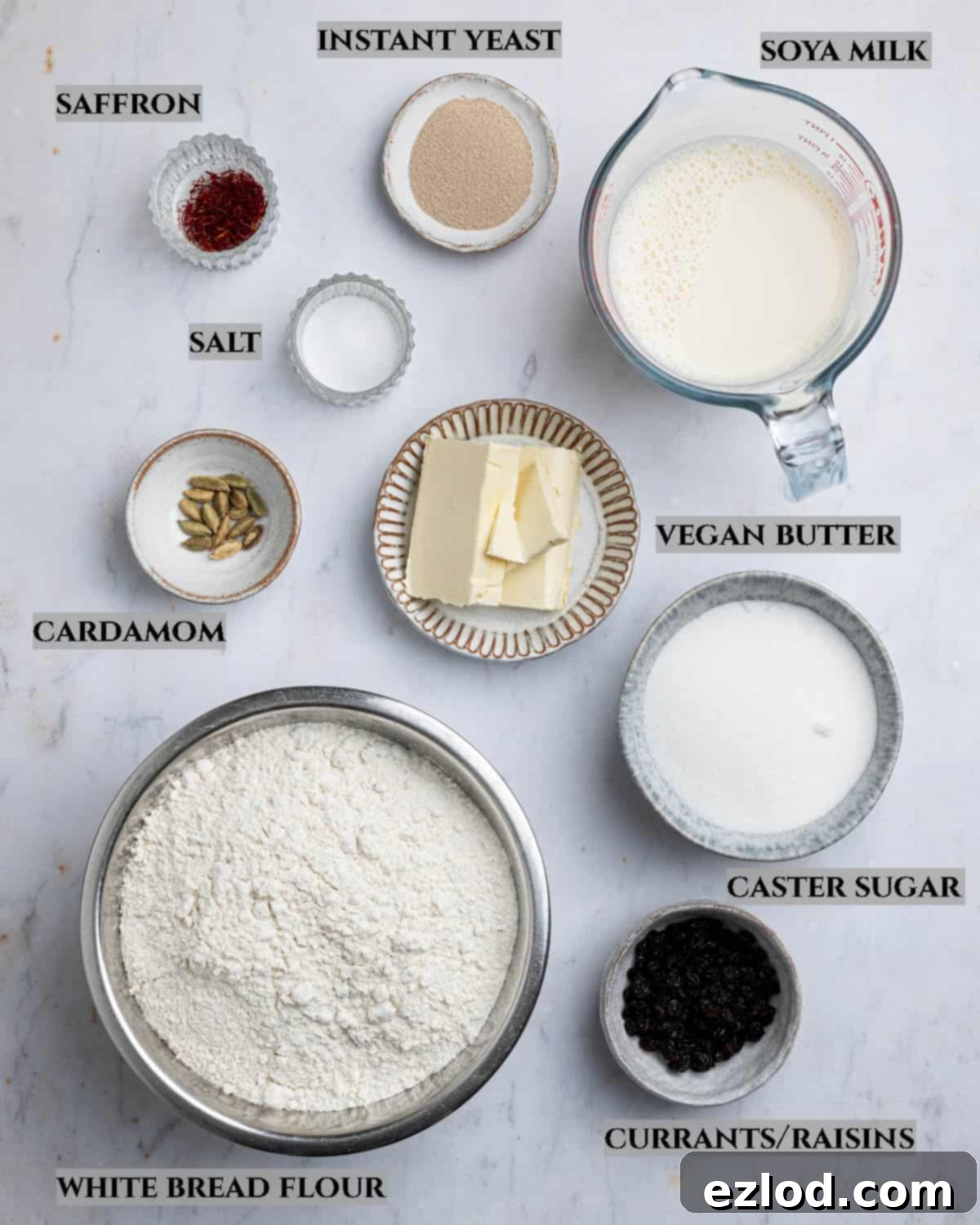 Plant-Based Saffron Buns for St. Lucia 4 A labelled photo of the ingredients needed to make vegan St. Lucia buns.